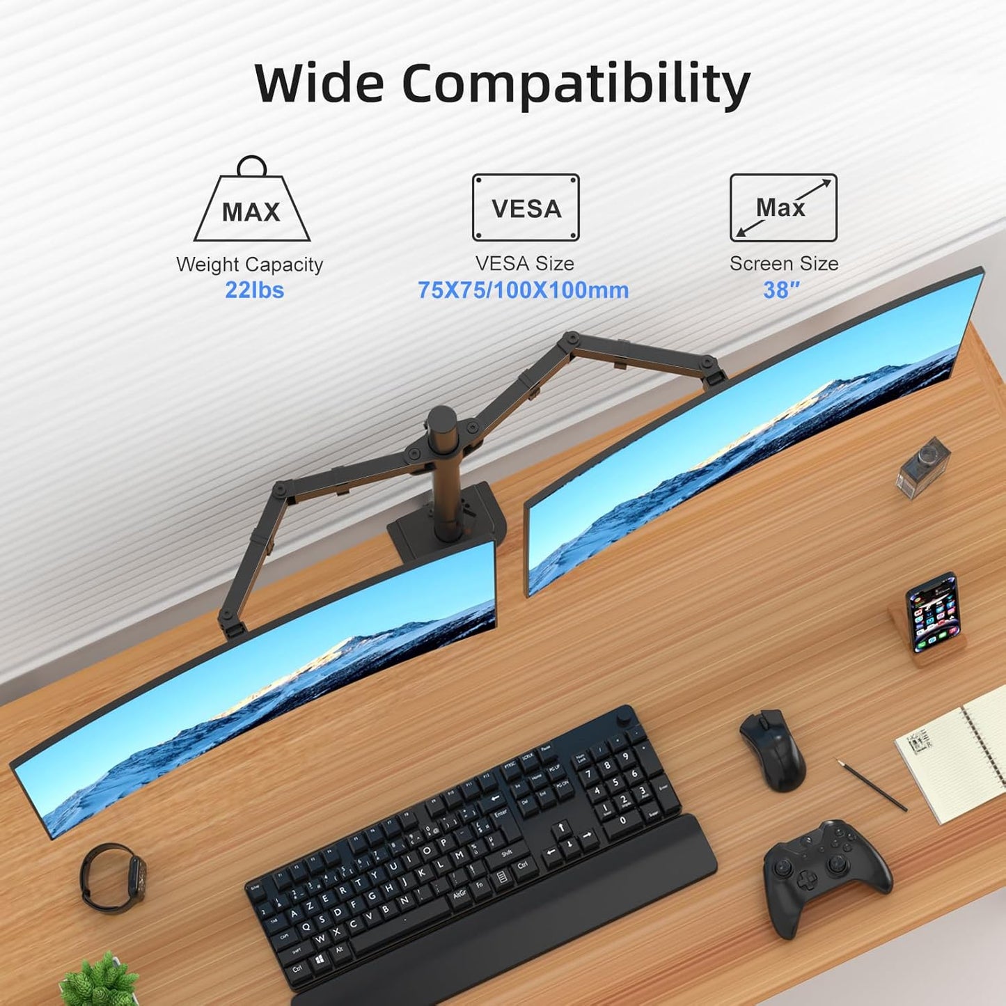 Suptek Dual Monitor Arm Desk Mount,Ultrawide Dual Monitor Arm for 2 Monitor Screens up to 38 inches and Max 22lbs Each,Extra Tall 15.75" Pole Fully Adjustable Monitor Stand for Desk,Black(MD9442MB)