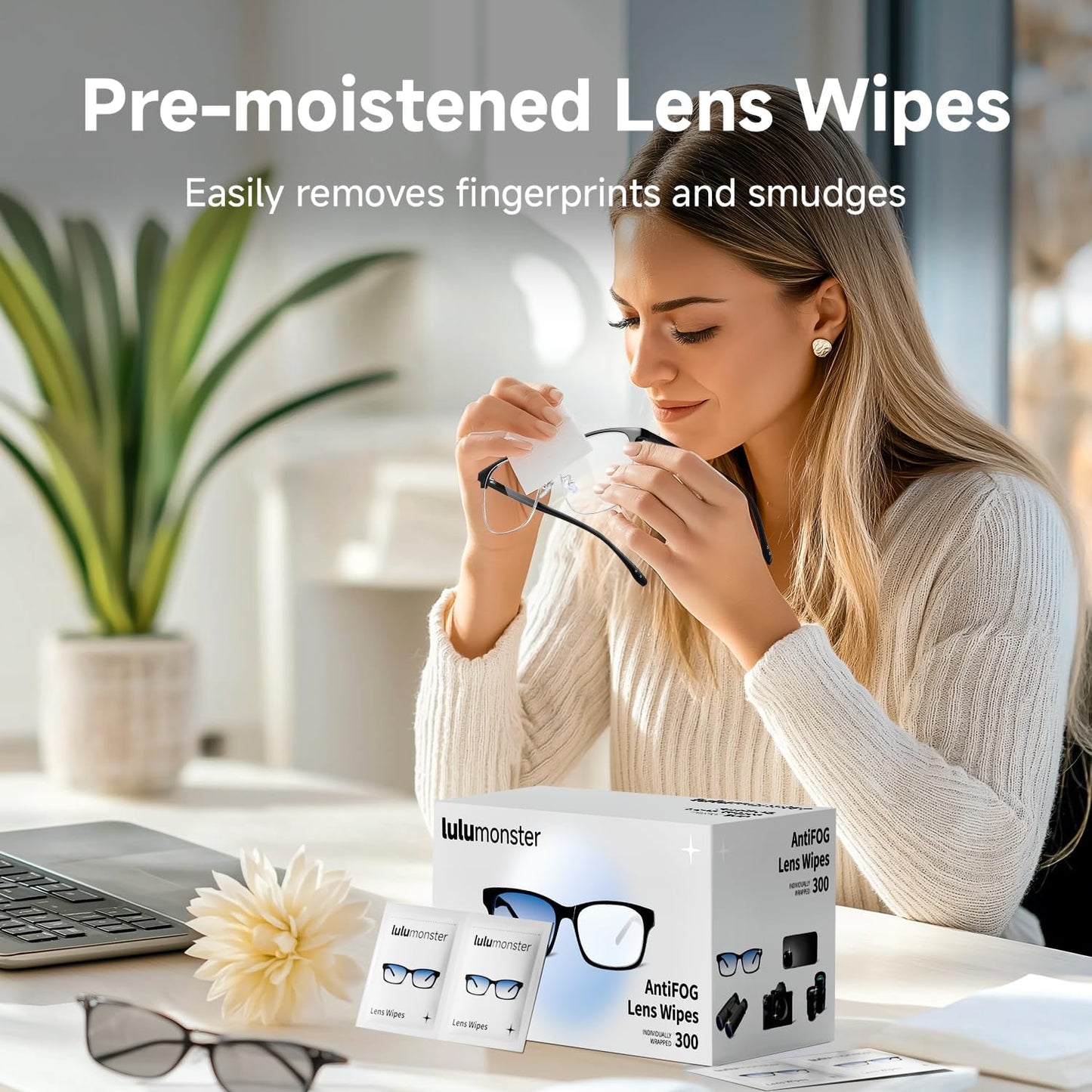 300 Count Anti Fog Glasses Cleaning Wipes, [300 Pre-Moistened Individually Wrapped Wipes] [Non-Scratching & Non-Streaking] Cleaner Wipes for Glasses, Sunglass, Phone Screen Camera Lens, Goggles