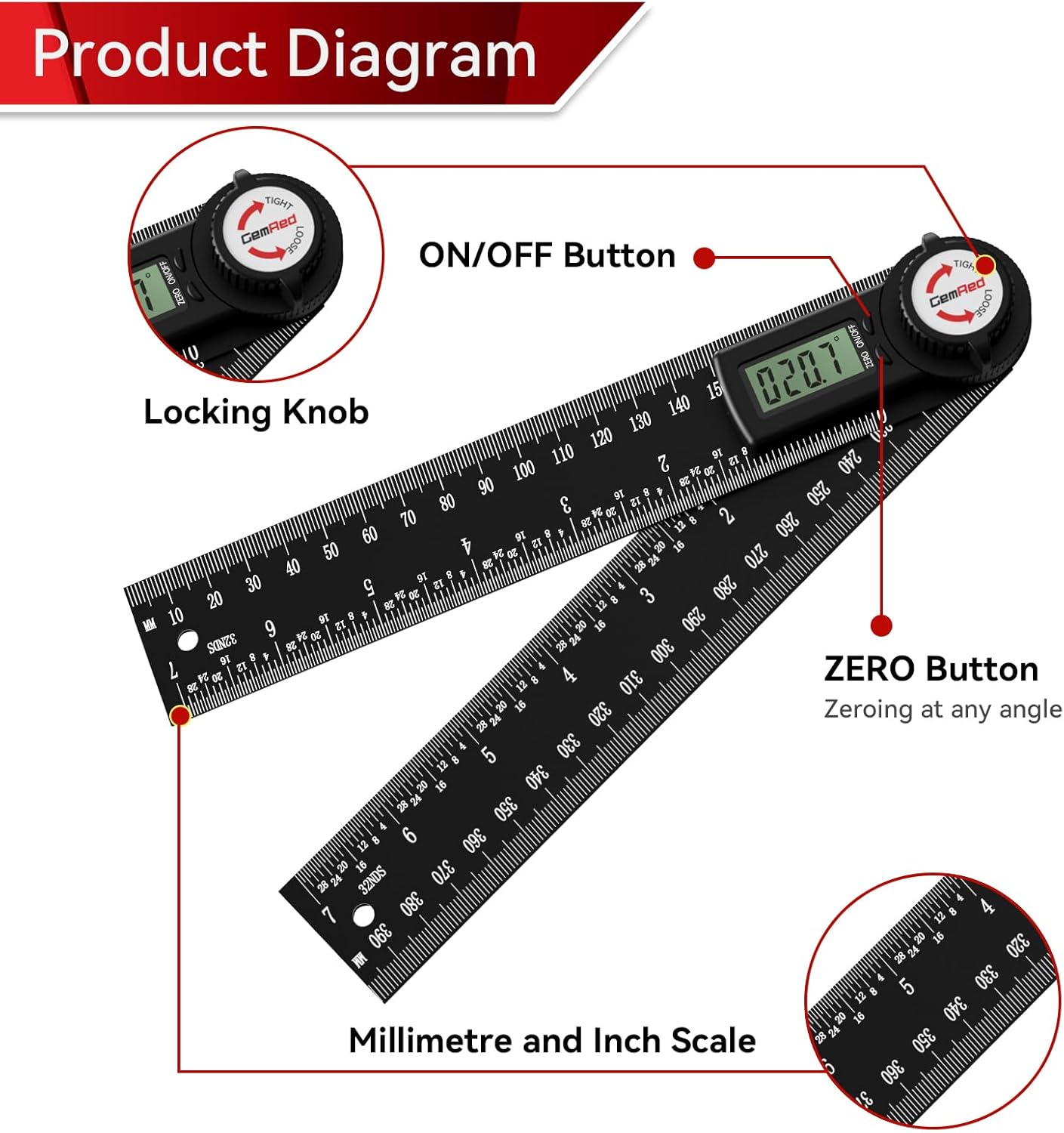 GemRed 82305 Aluminum Digital Angle Finder Protractor