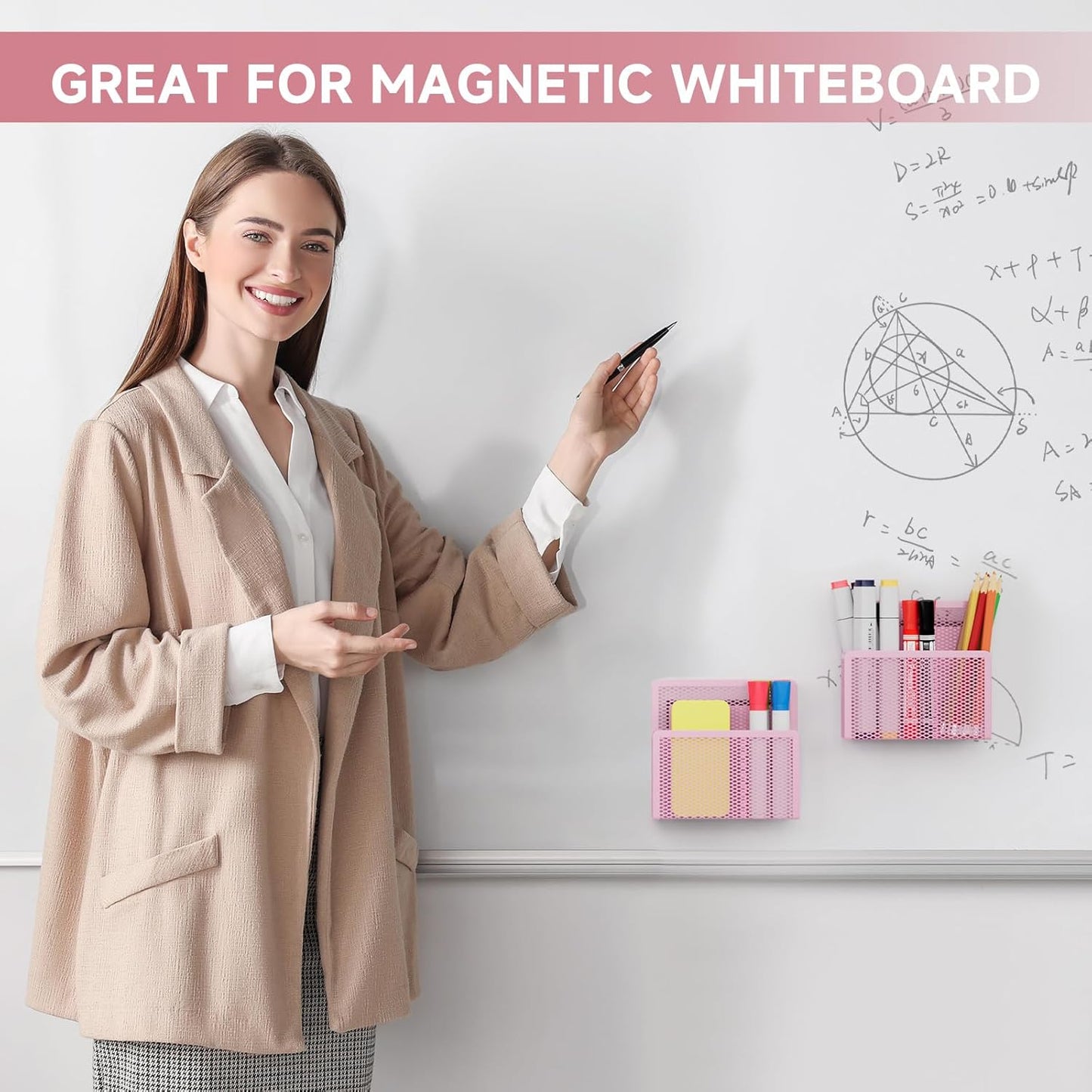 Magnetic Dry Erase Marker Holder, Mesh Pen Holder for Whiteboard，Magnet Pencil Organizer Storage for Refrigerator Locker Accessories Organizer for Home, School and Office(Pink)