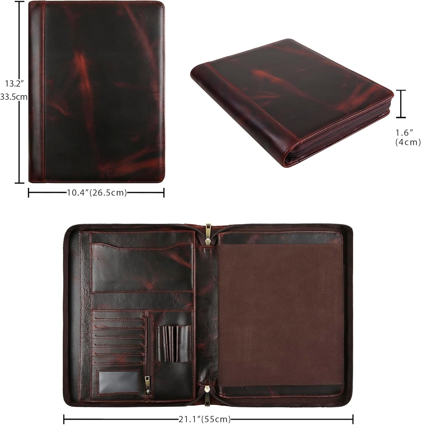 Personalized Leather Portfolio Organizer for IPad/Document, Business Padfolio with A4 Leather Notepad Holder, Custom Leather Compact Folder Conference Portfolio for Men and Women, Oil-Red Brown