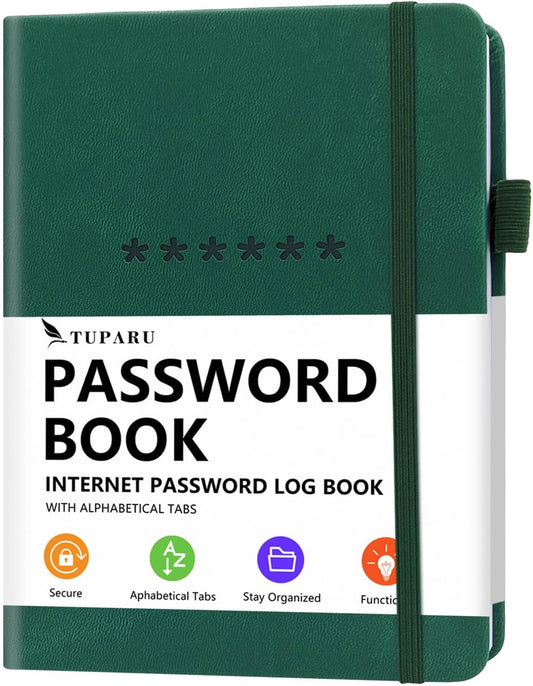 Password Book with Alphabetical Tabs – Hardcover Internet Address & Password Organizer – Password Keeper Notebook for Computer & Website – 7 x 10" Log-in Password Journal w/Thick Paper (Earth Green)
