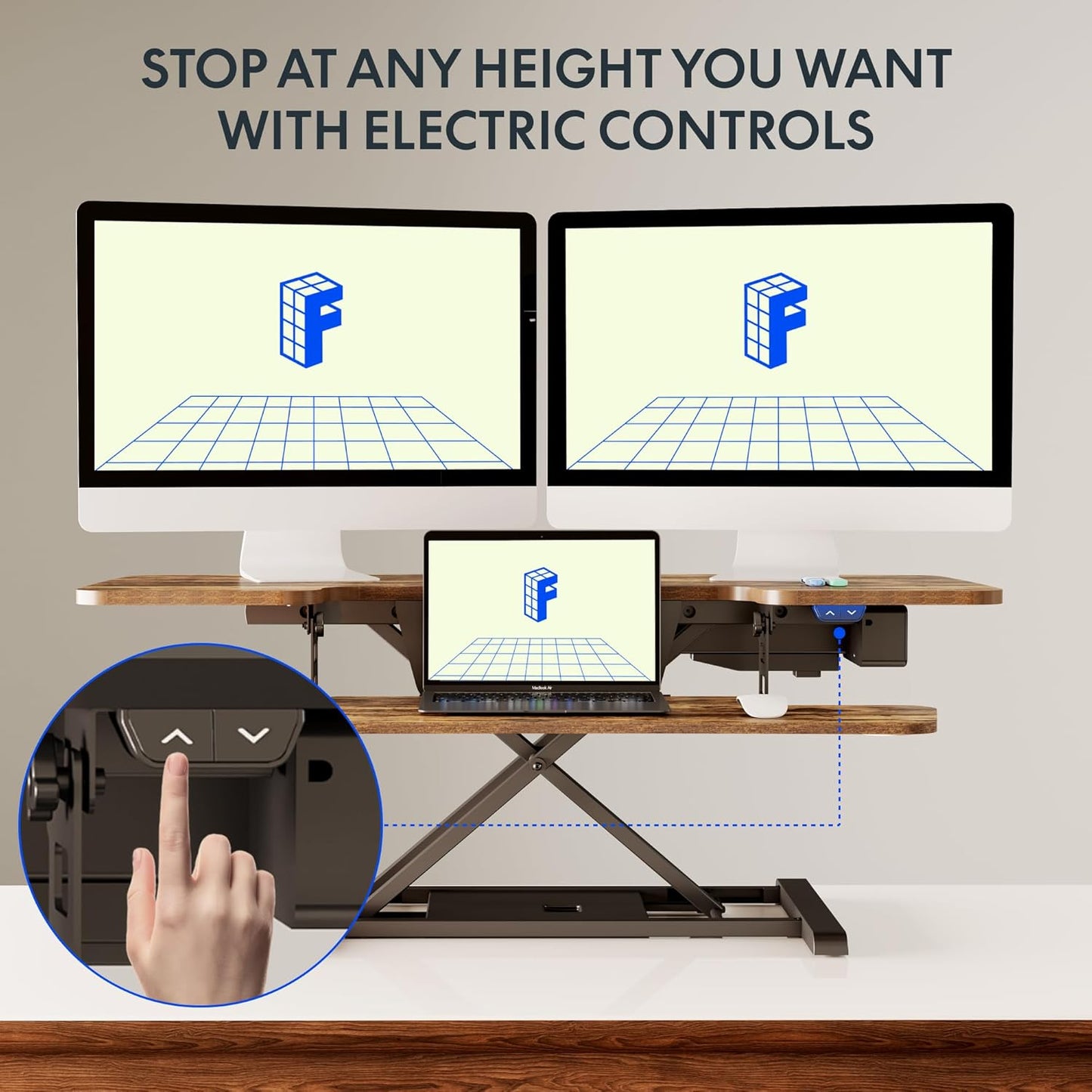 FLEXISPOT 42" Electric Standing Desk Converter Height Adjustable Desk Strong Weight Capacity Motorized Stand up Desk Riser for Office Home, Rustic Color