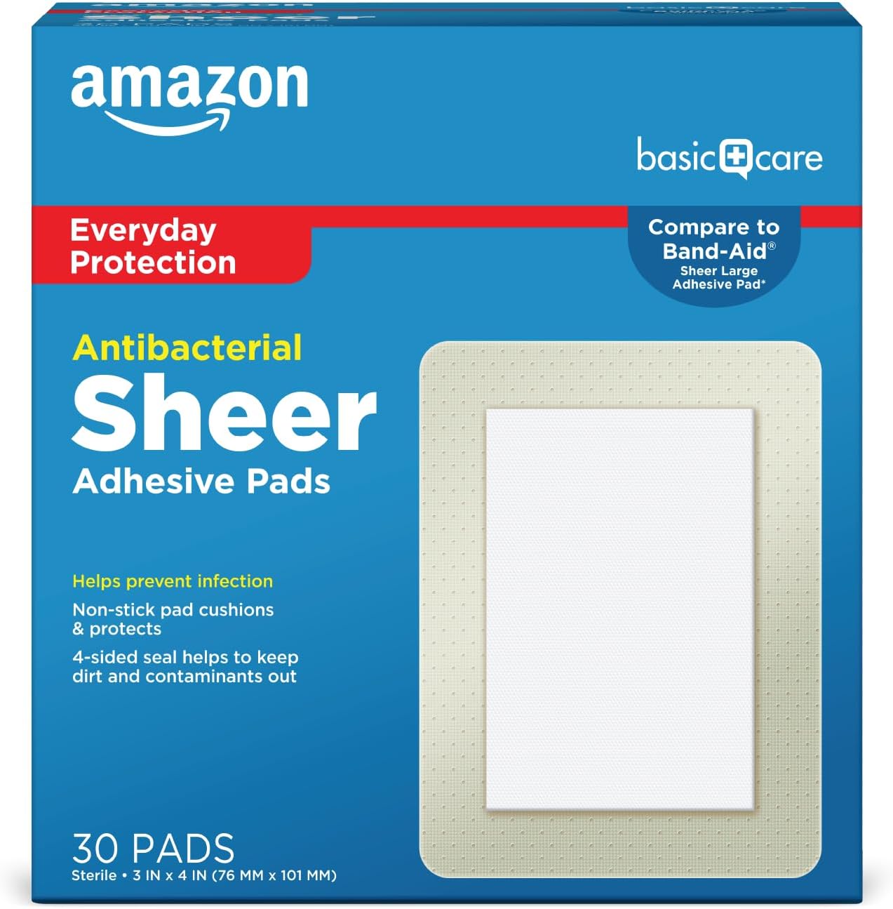 Amazon Basic Care Sheer Adhesive Pad Bandages, Extra Large Comfortable Non-Stick Pad, All Skin Types, 30 Count (3x4 inches)