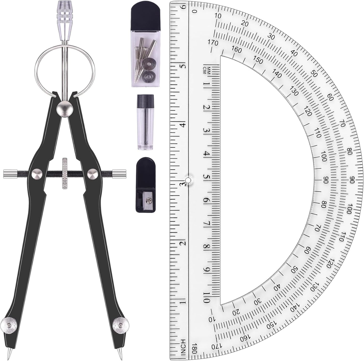 Compass and Protractor Set, Professional Drawing Compass Tool, Metal Compass with Extra Refills, Compass for Geometry and 6 Inch Math Protractors 180 Degree (Black)