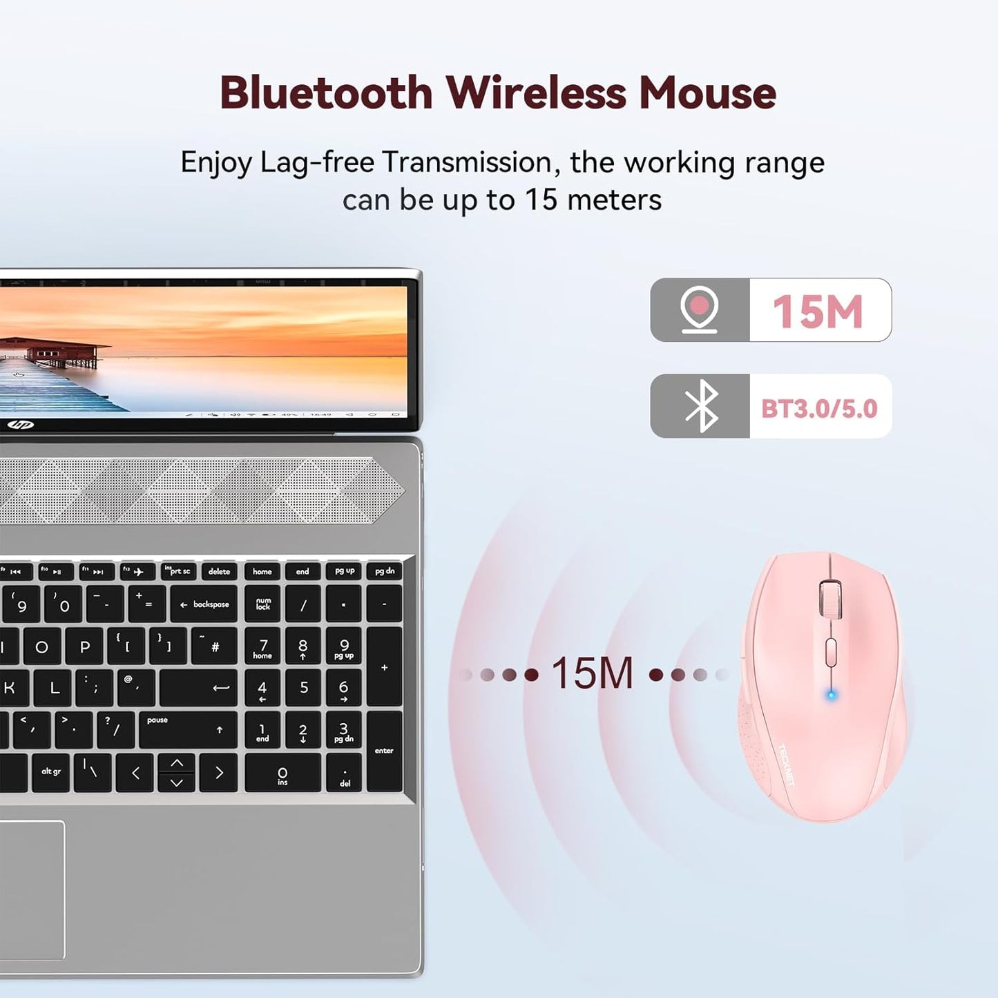 TECKNET Bluetooth Mouse, 4800 DPI Wireless Mouse, 2-Year Battery 6 Adjustable DPI, 6 Buttons Compatible with Laptop/Windows/Computer - Pink