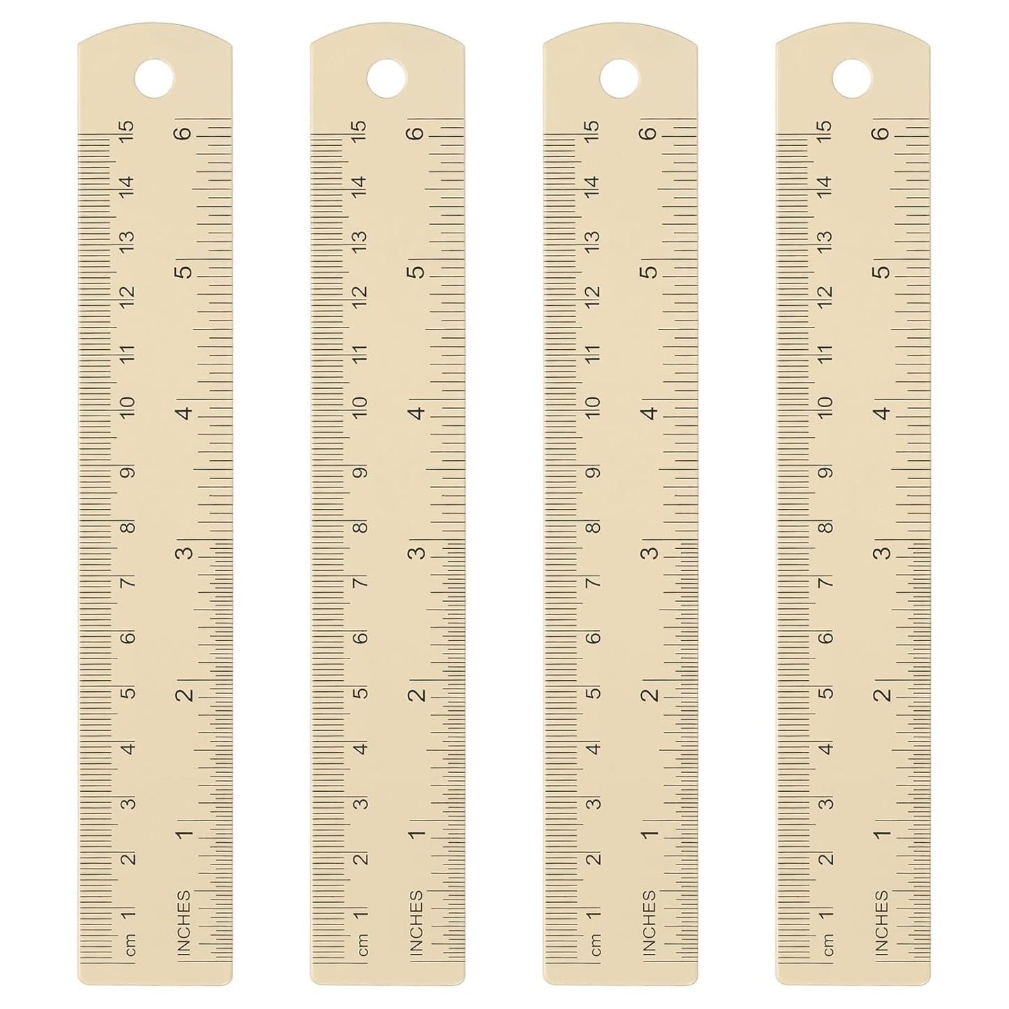 HARFINGTON 4pcs Metal Straight Ruler 15cm Metric SAE Aluminum Alloy Measuring Rulers Scale Tool with Hole for Measure Study Reading Classroom Office, Beige