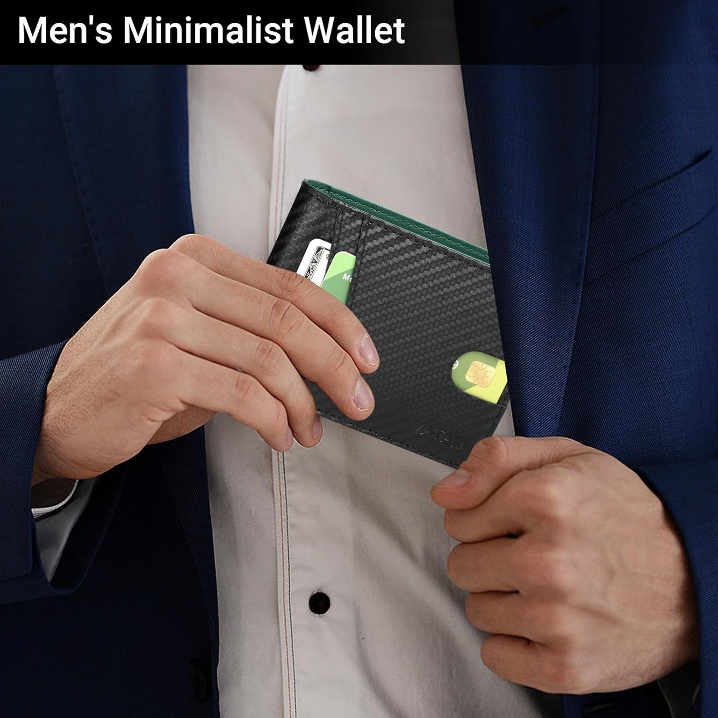 VATAN Wallet for Men, Mens Minimalist Wallet Credit Card Holder, Slim Leather Rfid 2 ID Window Large Capacity With Gift Box (Carbon black and Green)