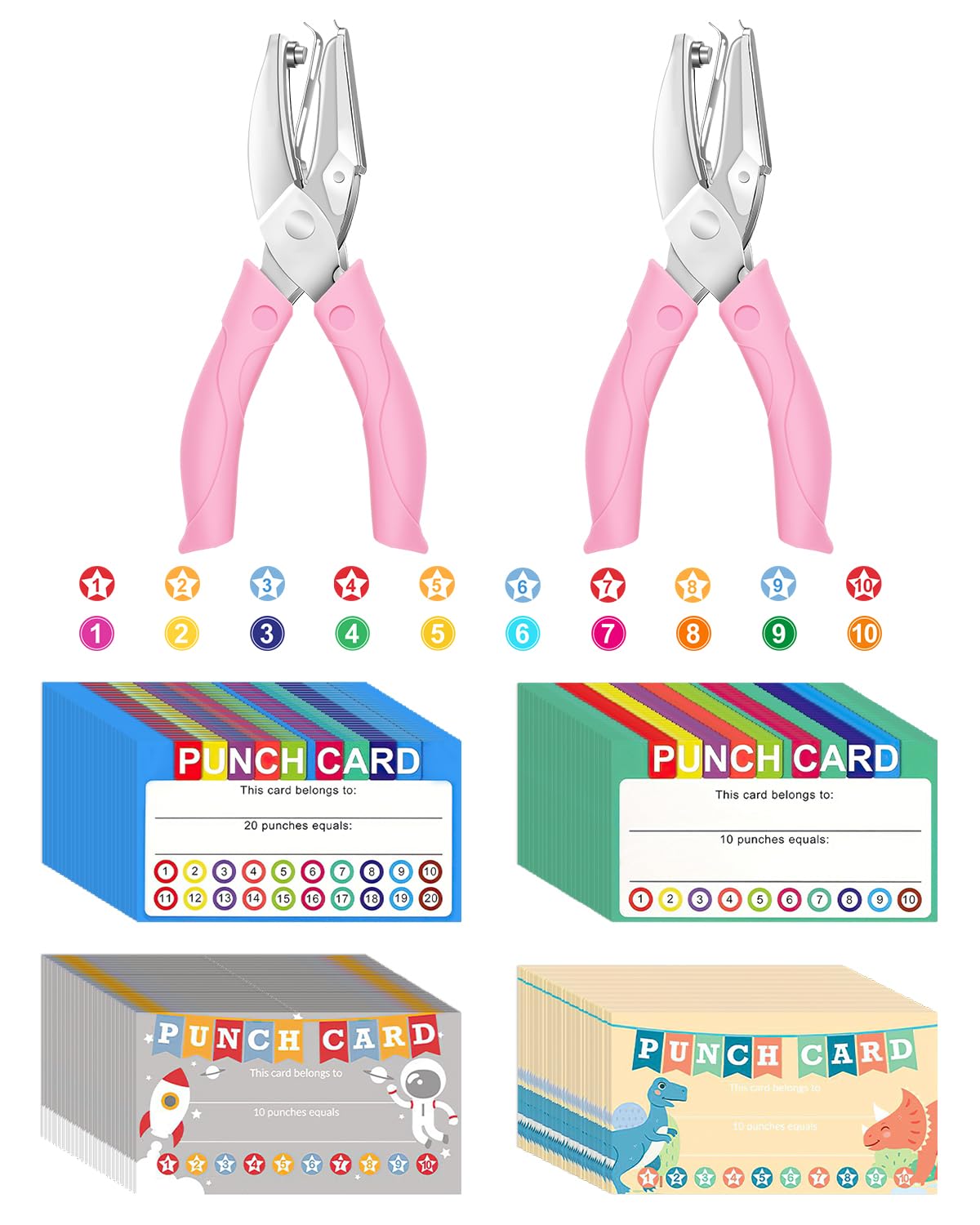 UCEC 200 Pieces Punch Cards with Star + Circle Hole Punchers, Incentive Loyalty Reward Punch Card for Classroom with Handheld Single Punches Kit to Behavior for Business School Kids Students Teachers