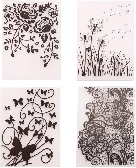 4Pcs Flower Butterfly Plastic Embossing Folder Dandelion DIY Craft Template Molds Stencils Scrapbook Paper Cards Photo Album Making Tool Embossing Folders Handmade Art Craft Supplies Decorating Mold