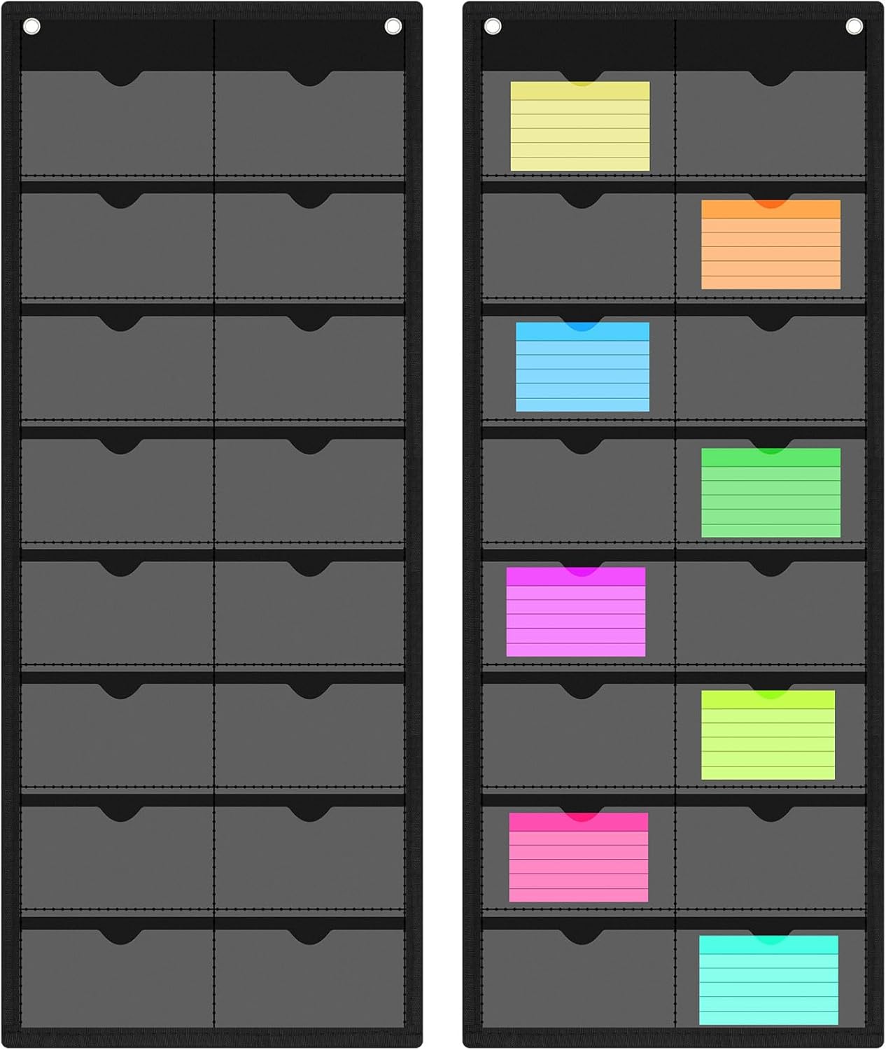 2 Pack 3'' x 5'' Index Card Holder Sleeve 16 Slot Plastic Organizer Hanging Wall Mount Business Note Cardholder PVC Clear Organizer Pocket for Classroom Office Library Home (Black)