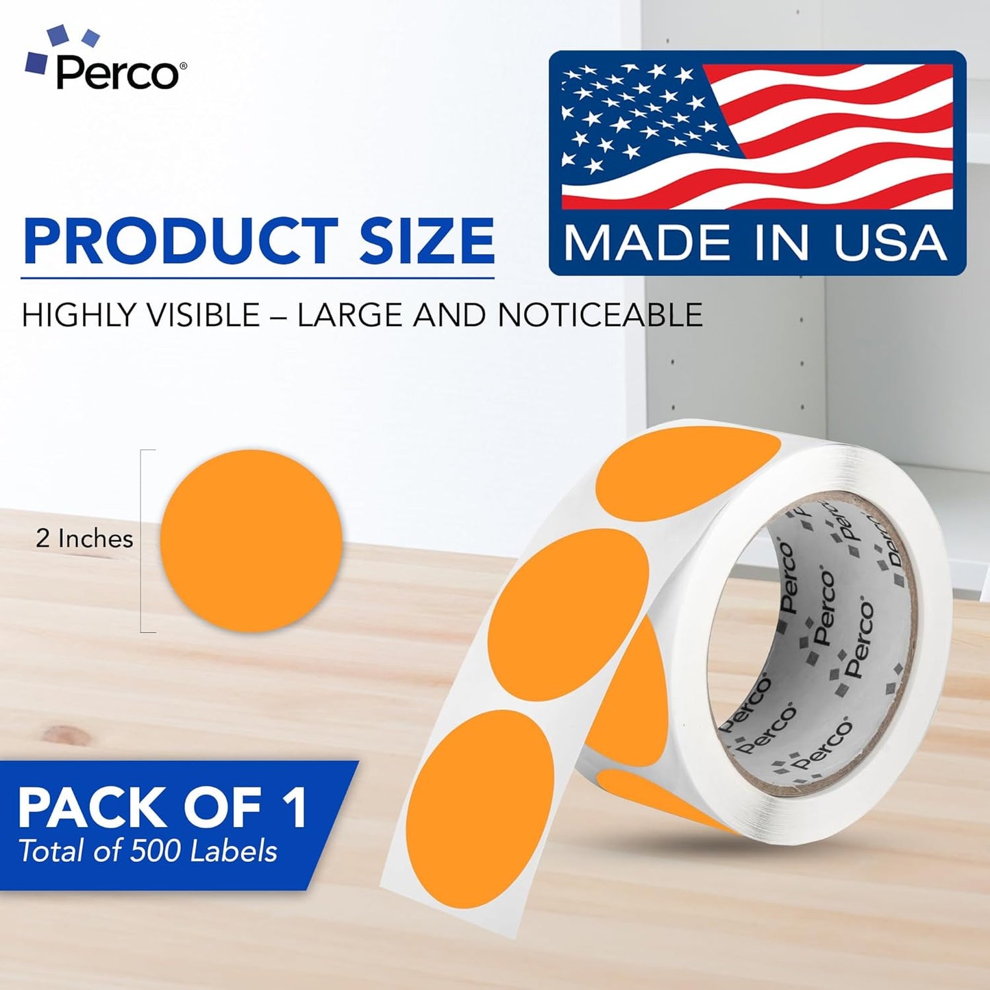 Perco Fluorescent Orange 2-Inch Round Circle Dot Sticker Labels with Easy Peel Perforation - 500 Labels per Roll - Strong Adhesion, Vibrant Colors for Organizing, Crafting & More - Made in USA