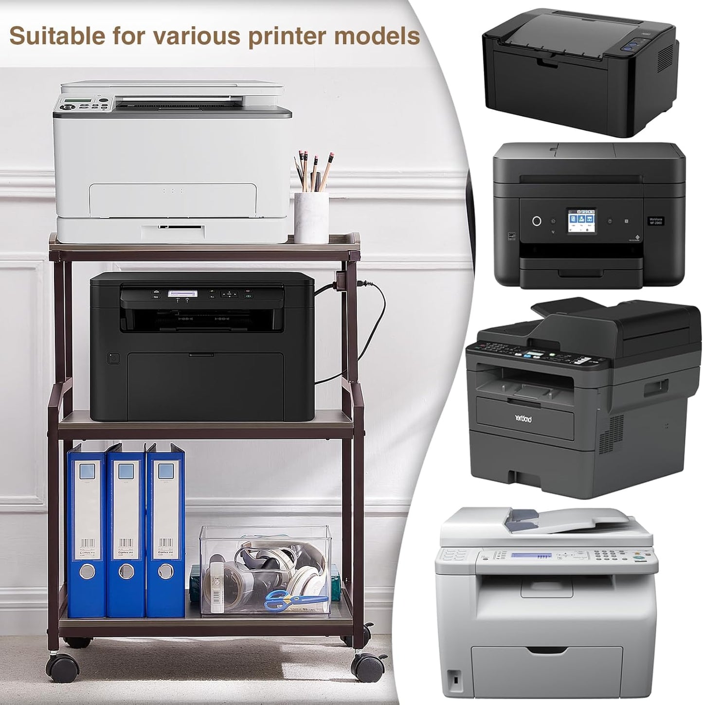 Lauren&Harold 34'' Printer Stand with Power Outlets & USB Ports, 3-Tier Adjustable Rolling Cart, Heavy Duty 150LBS Storage Table with Wheels for Office, Kitchen, Living Room, Grey/Bronze