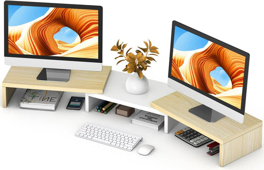 TAVR Dual Monitor Stand Riser, Computer Monitor Stands for 2 Monitors, Extra Long Multifunctional Desktop Organizer Riser for Computer, Laptop, PC, Printer, TV, Max 48.2" Length, Oak