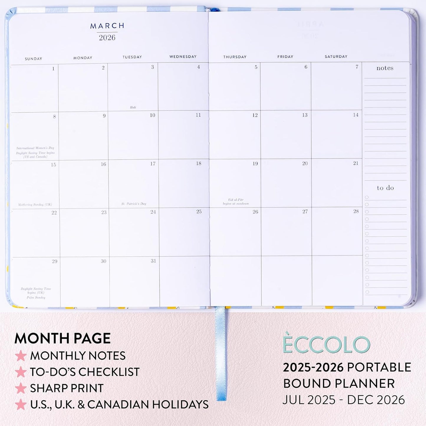 2025-2026 Eccolo 18 Month Bound Planner, Monthly & Weekly Pages (5.25 x 7.75" - July 2025 - Dec 2026 - Lemon Blue Stripes)