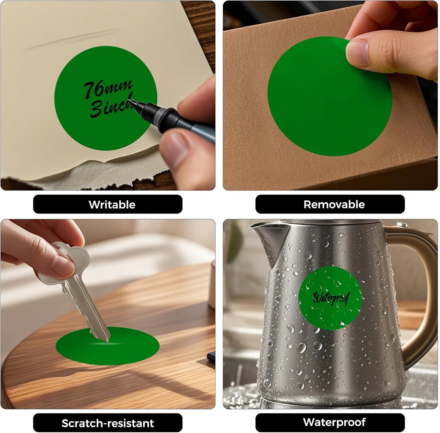 500 PCS Green Dots Stickers 3 Inch Vinyl Color Coding Round Sticker Removable Writable Circle Floor Labels Roll for Inventory Office Classroom Organize