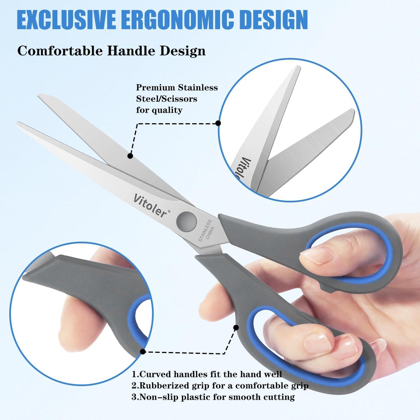 Vitoler Scissors, Heavy Duty Scissors All Purpose Bulk Set of 3-Pack，Sharp Scissor for Office School Craft Sewing Fabric, Right/Left Hand