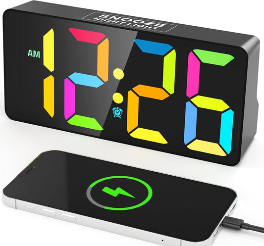 PPLEE Digital Alarm Clock with RGB Night Light - Color Changing LED Display, Large Easy-Read Number, Adjustable Brightness&Volume, USB-C Charging, Snooze, 12/24H, Bedside Clock for Kids Adults Elderly