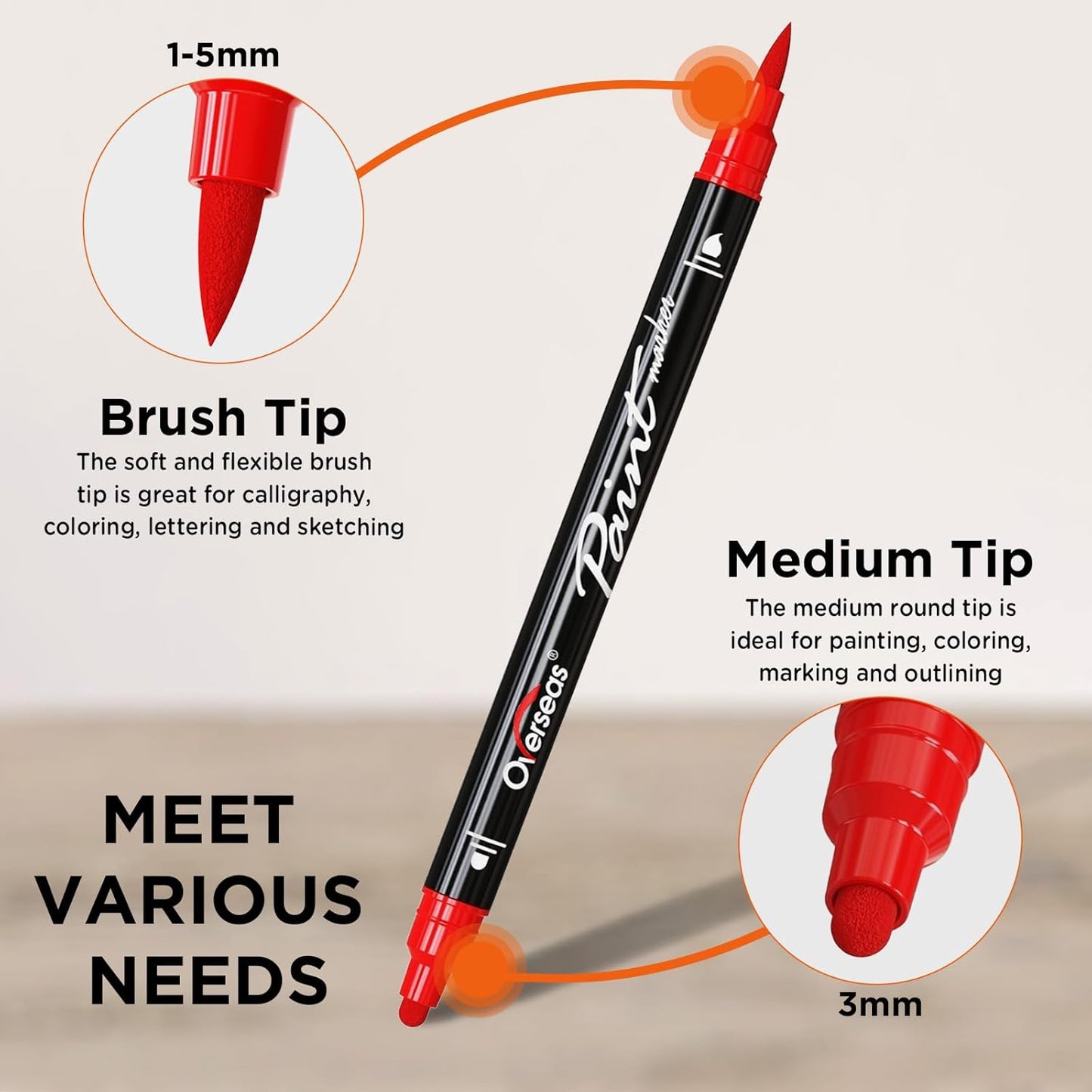 Overseas White and Black Acrylic Paint Markers, 2 Dual Tip Paint Pens Acrylic Markers with Dot and Brush Tip, Coloring Marker for Wood, Rock, Canvas, Glass, Metal, Plastic, Fabric, School Supplies