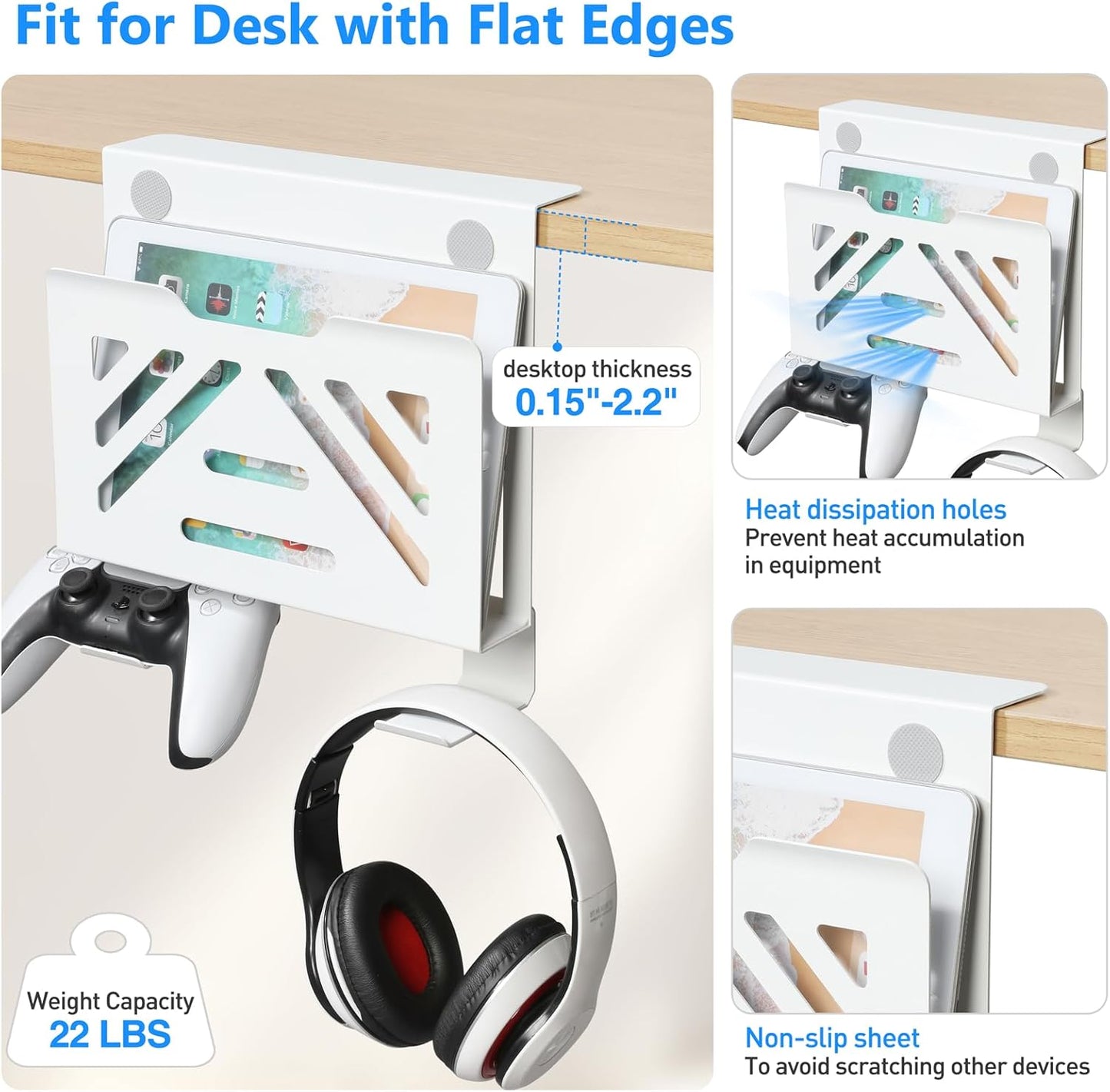 MAXECHO Desk Side Storage, Under Desk Laptop Mount, Table Side Hanging File Organizer, No Drill Clamp On Cable Management Tray, Laptop Holder with 2 Hooks for Office and Home, Load 22 Lbs