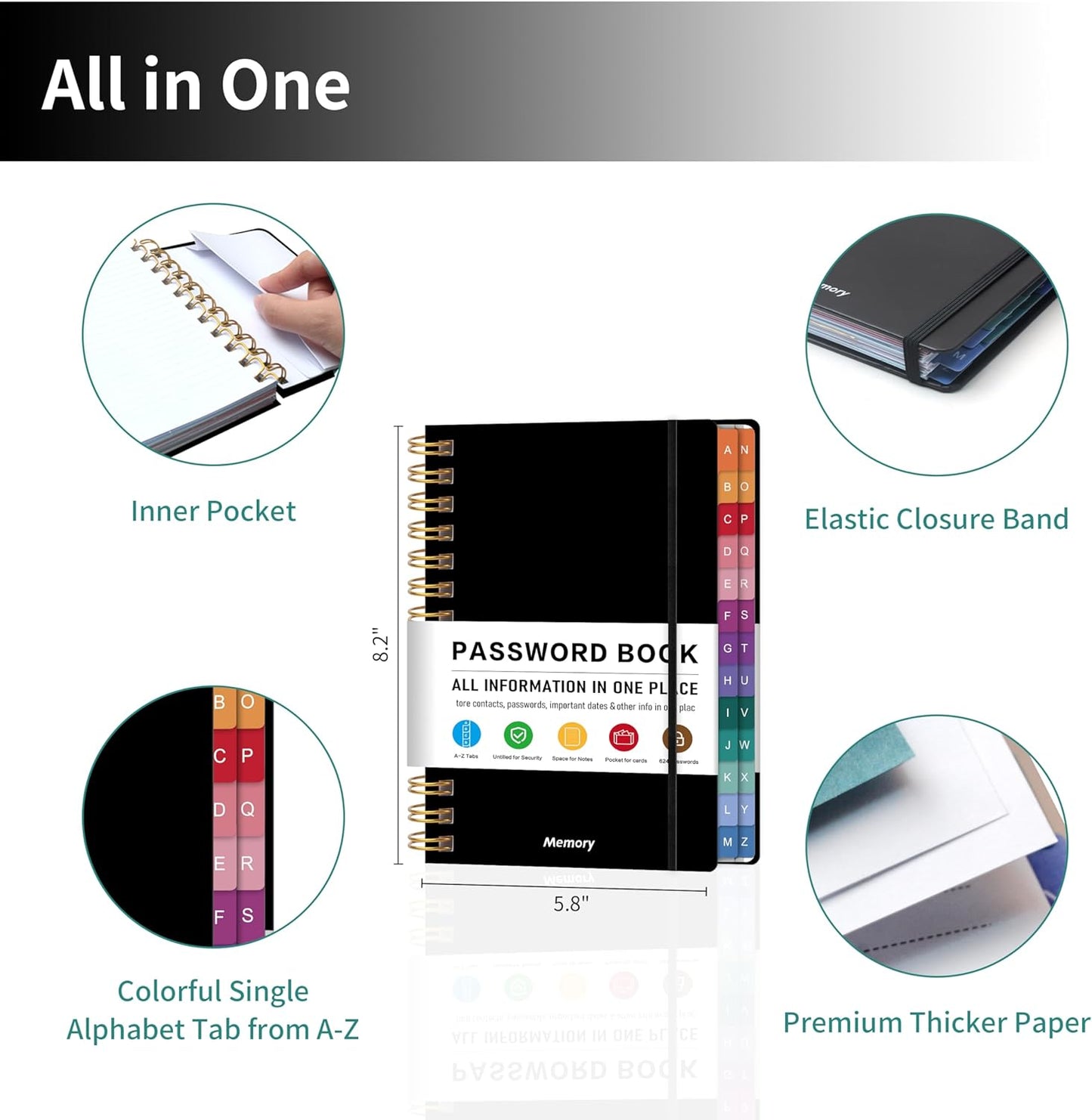 Spiral Password Book with Alphabetical Tabs - 5.8" X 8.2" Small Password Keeper Book with Inner Pocket for Seniors , Large Print, Hardcover, 450 Logins – Internet Password Organizer Notebook for Home & Office Use