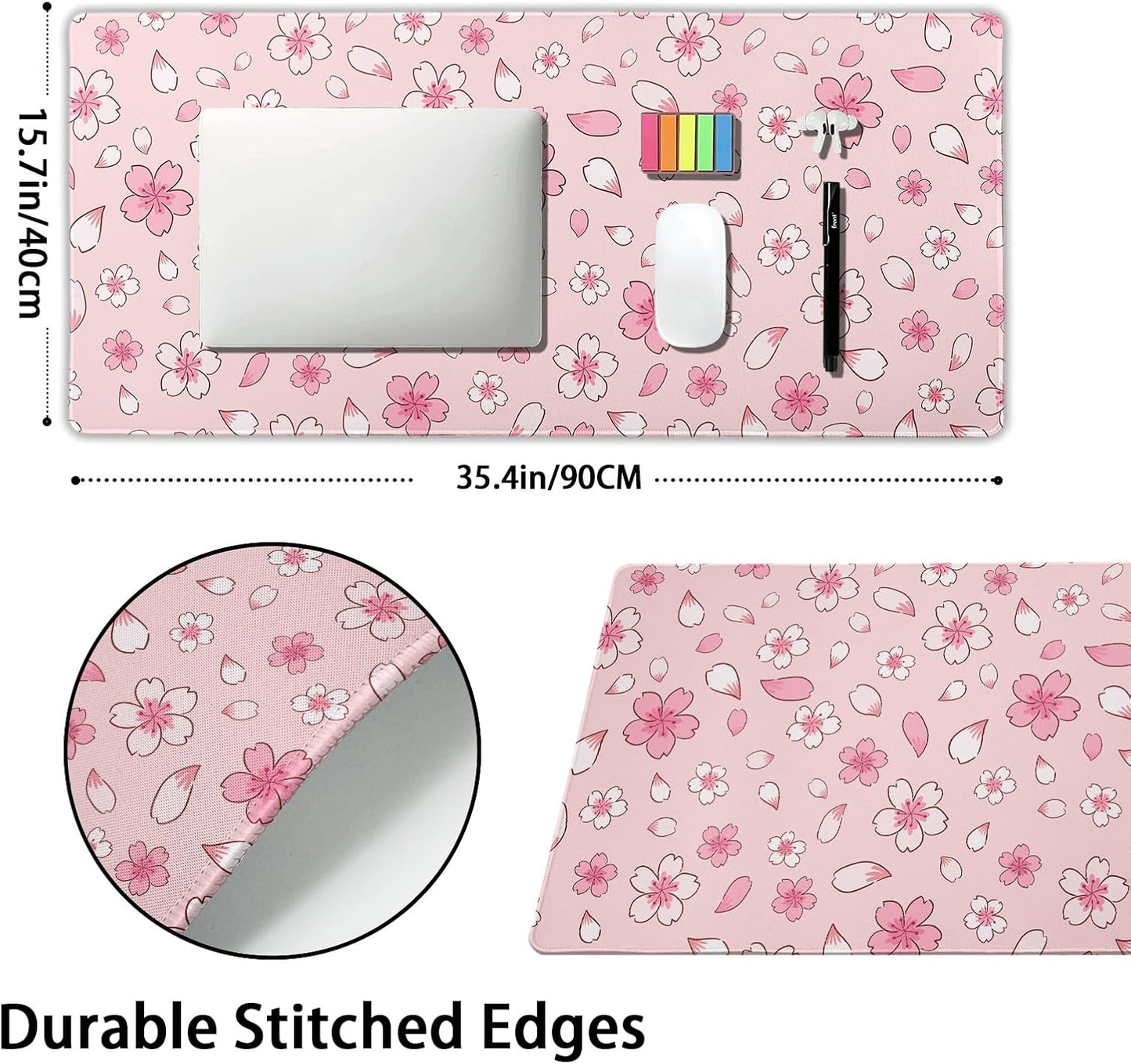 Pink Cherry Blossom Gaming Mouse Pad XXL Cute Anime Aesthetics Floral Extended Kawaii Flowers Large Mousepad Non-Slip Rubber Base Stitched Edge Keyboard Desk Pad Playmat for Computer,35.4×15.7 in