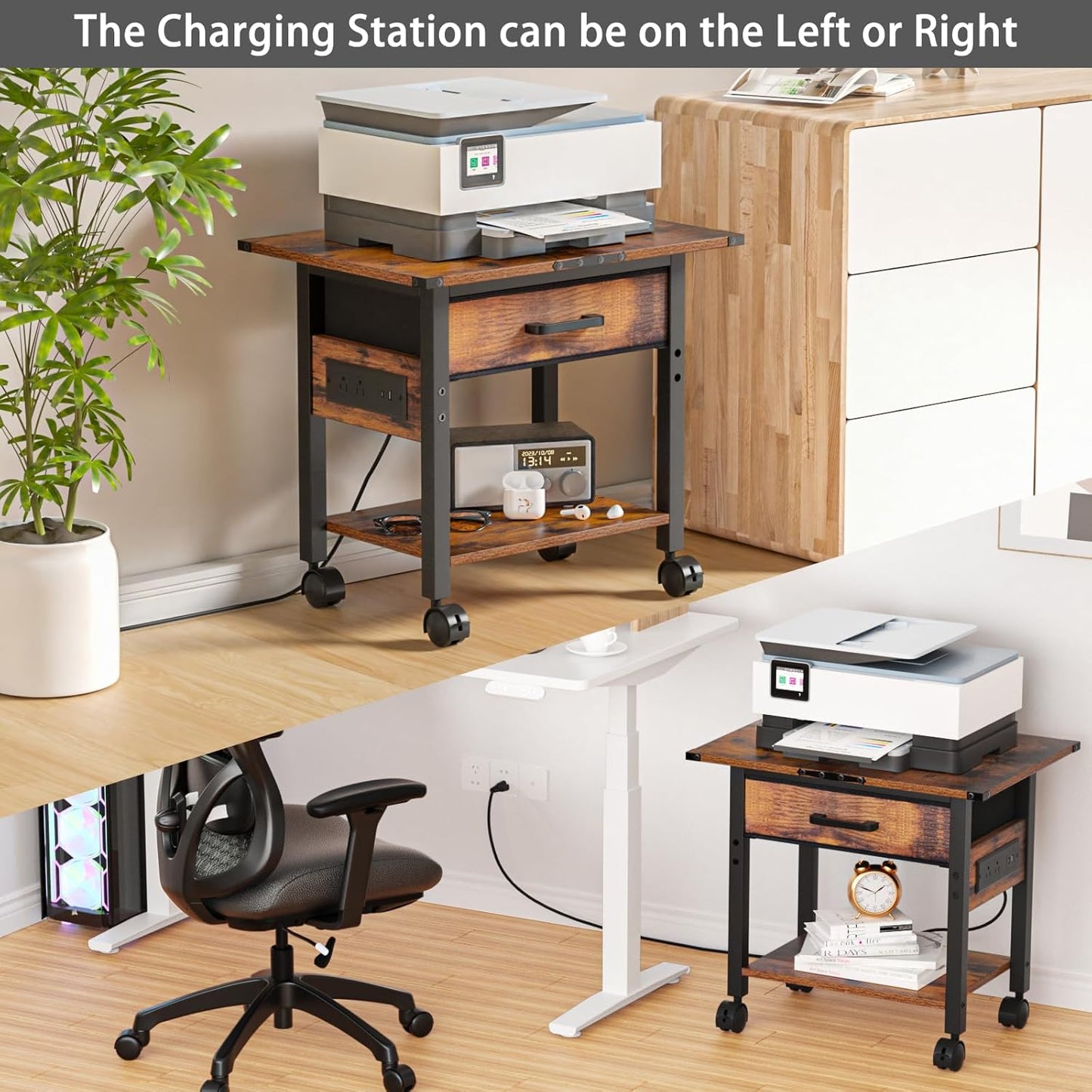 Lerliuo Under Desk Rolling Printer Stand with Charging Station and USB Ports, 2-Tier Printer Table Desk with Fabric Drawer, Printer Cart Holder with Lockable Wheels for Home, Office (Brown)