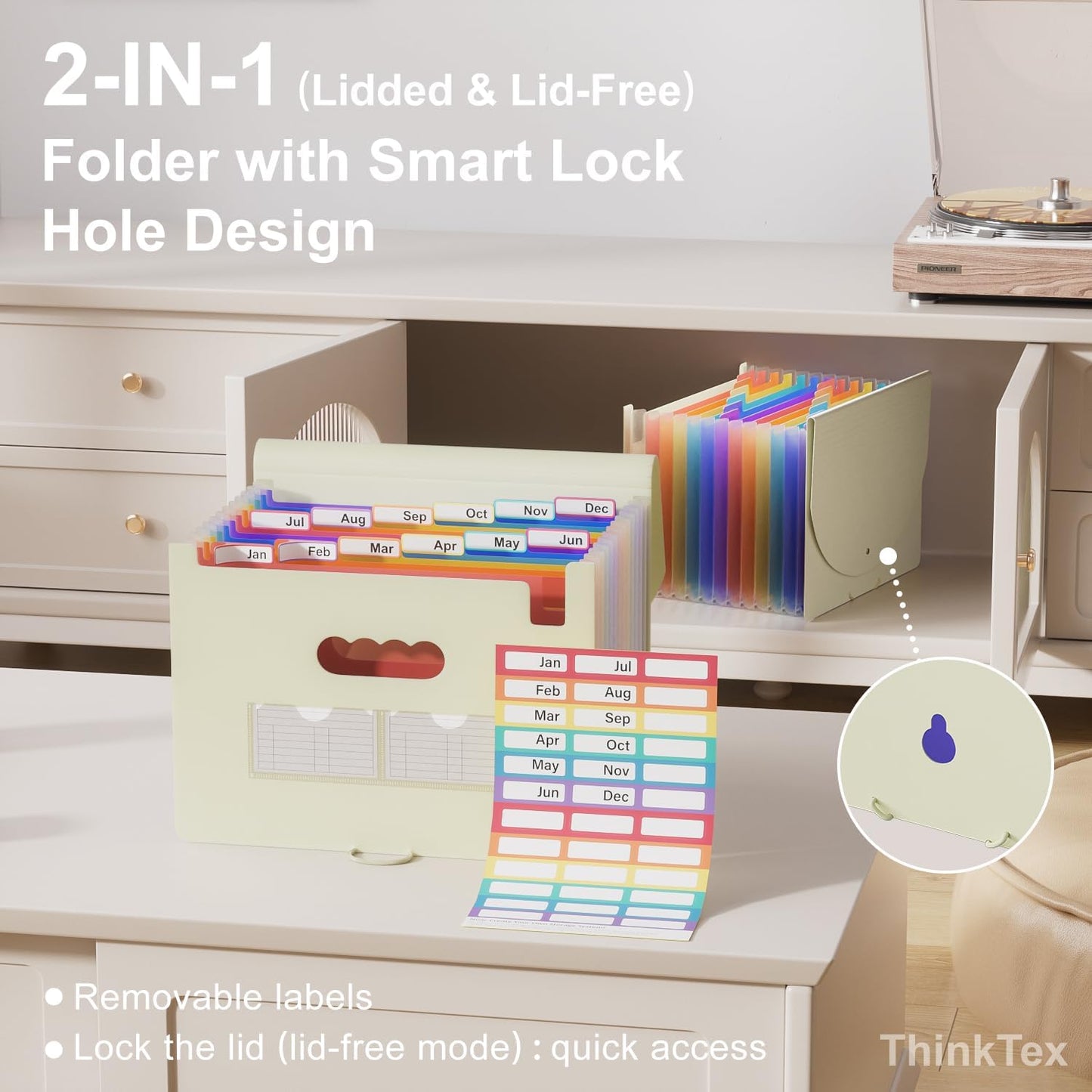 ThinkTex Accordion File Organizer, 12 - Pocket Expanding File Folders for Paper Receipts, Bills&Taxes Organizer, Letter/A4 Size Document Holder for School, Office, Home with tabs-Beige Color