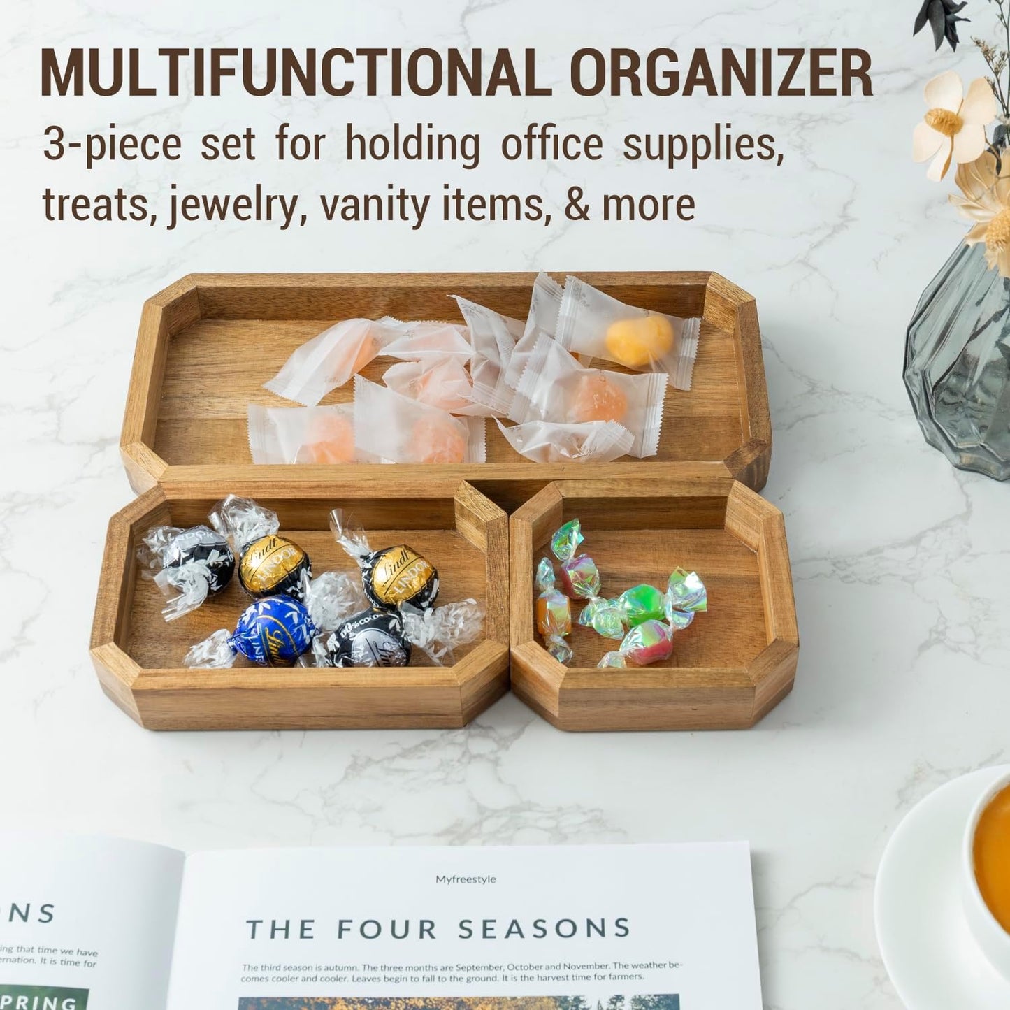 MyGift Premium Solid Acacia Wood Octagonal Desk Organizer Trays Office Stationery Holders, 3 pc Set