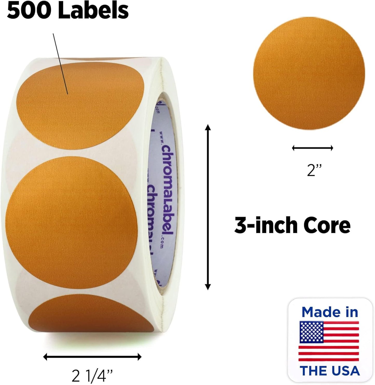 ChromaLabel 2 Inch Round Label Permanent Color Code Dot Stickers, 500 Labels per Roll, Metallic Bronze