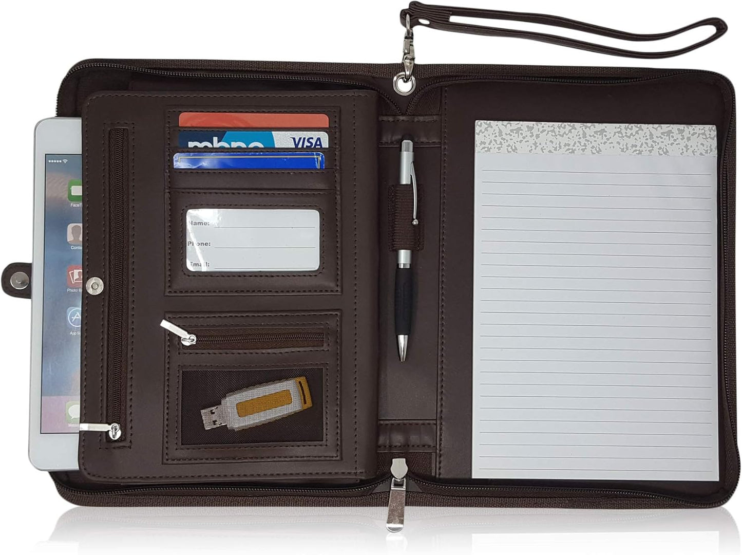 Zippered Portfolio Binder with Junior Legal 5x8 Notepad - Dark Brown PU Faux Leather Business Padfolio Organizer Folder with 8 Inch Tablet Sleeve & Gift Box by Lautus Designs