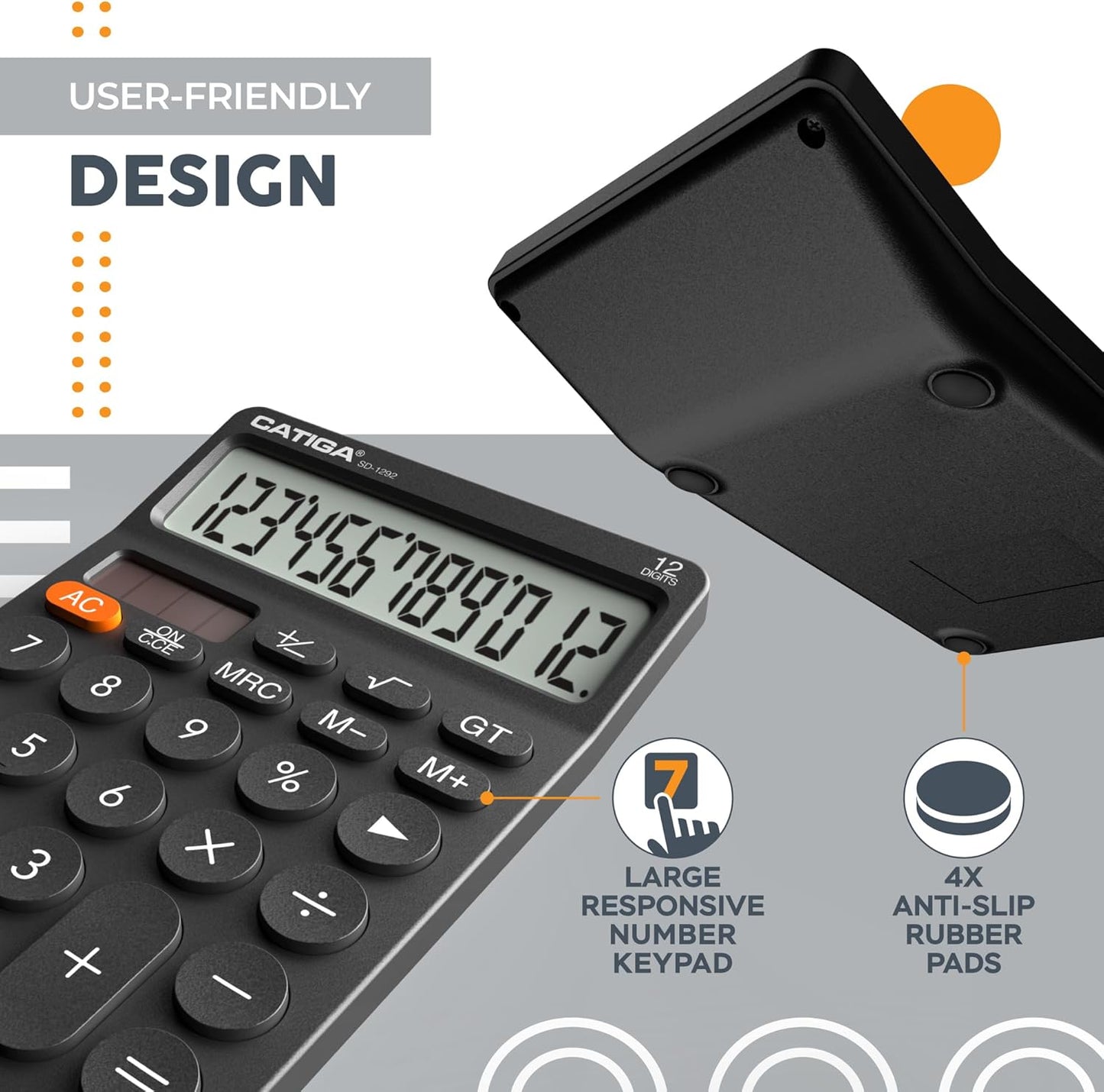 CATIGA 12 Digit Desktop Calculator with Large LCD Display, 4 Funtions Calculator, Round Design Big Button, Solar and Battery Dual Power, Standard Function for Office, Home, School, SD-1292