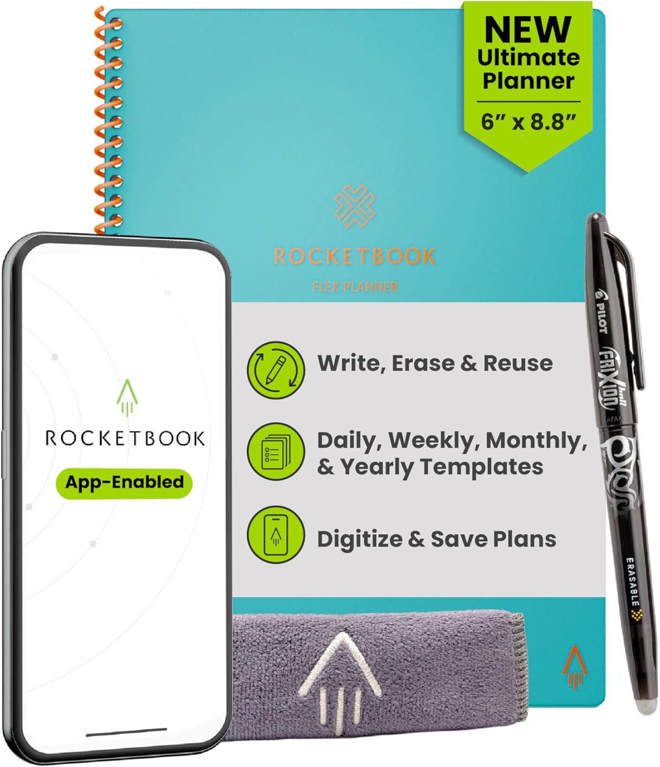 Rocketbook Flex Planner, Reusable Undated Smart, Executive Size 6x8.8 in Teal – Daily, Weekly, Monthly, Annual Calendar, Tasks, Goals, Scheduling, Productivity, App Connected, Erasable, Durable Cover