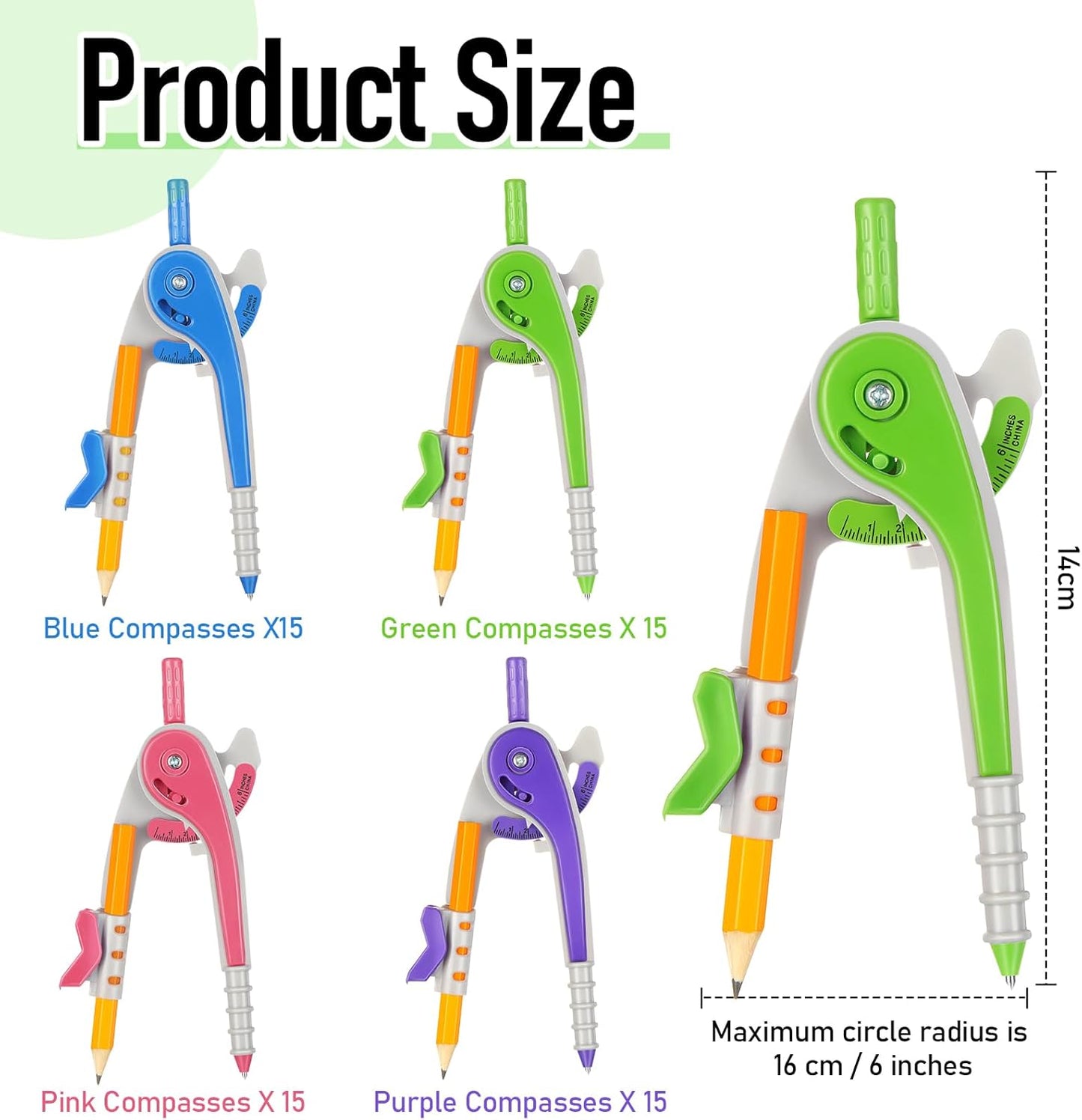 Zonon 60 Pcs Student Math Geometry Compass Tool Classroom Set Bulk 6 Inch Bright Colored Plastic Drawing Compass with Pencils Back to School Supplies for School Home Office