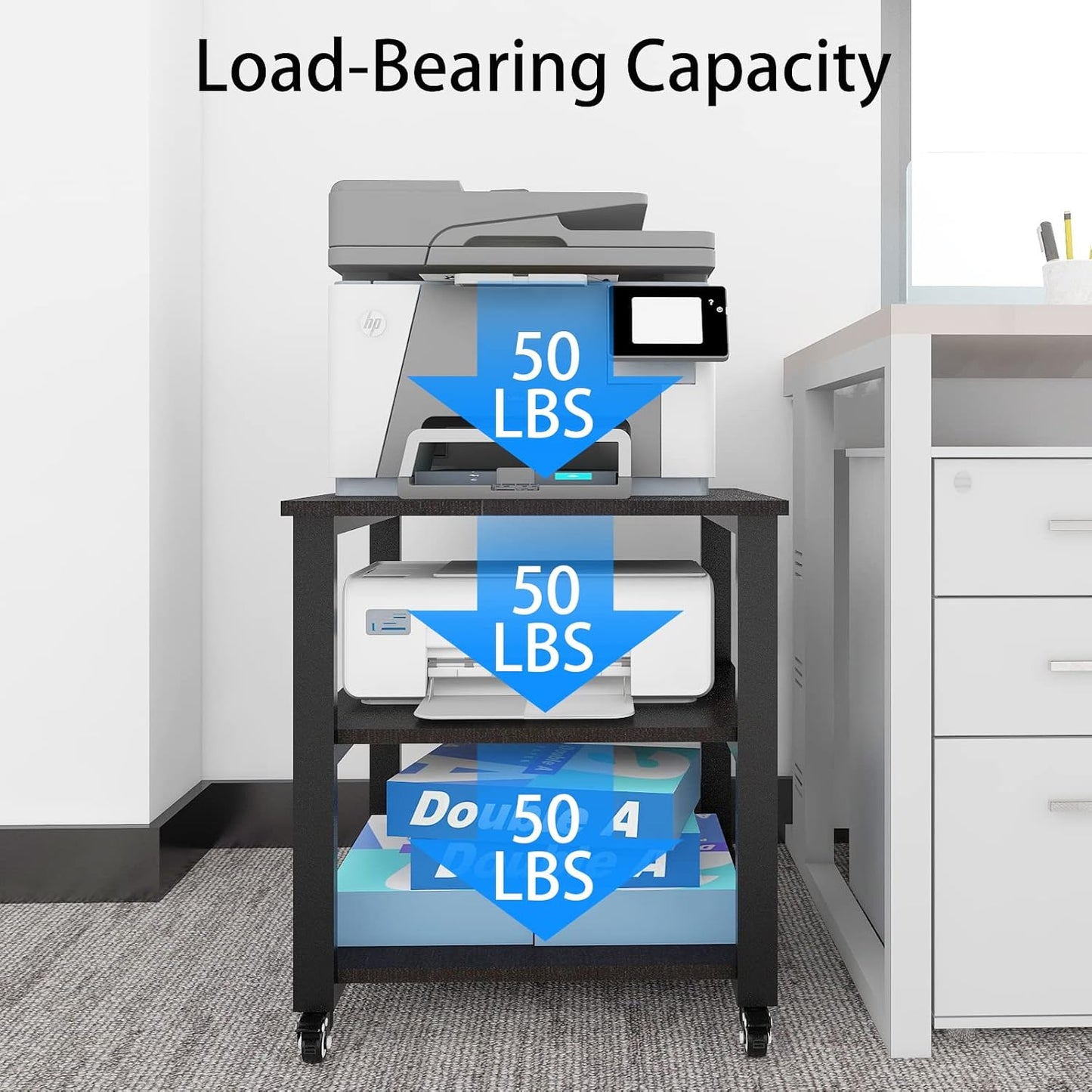 Natwind 3-Tier Laser Printer Cart,19.7''x19.7''x22.6'' Large Machine Stand,Heavy Duty Rolling Table with Storage,Floor-Standing Rack on Wheels,Paper File Organizer Shelf for Home Office (Black)