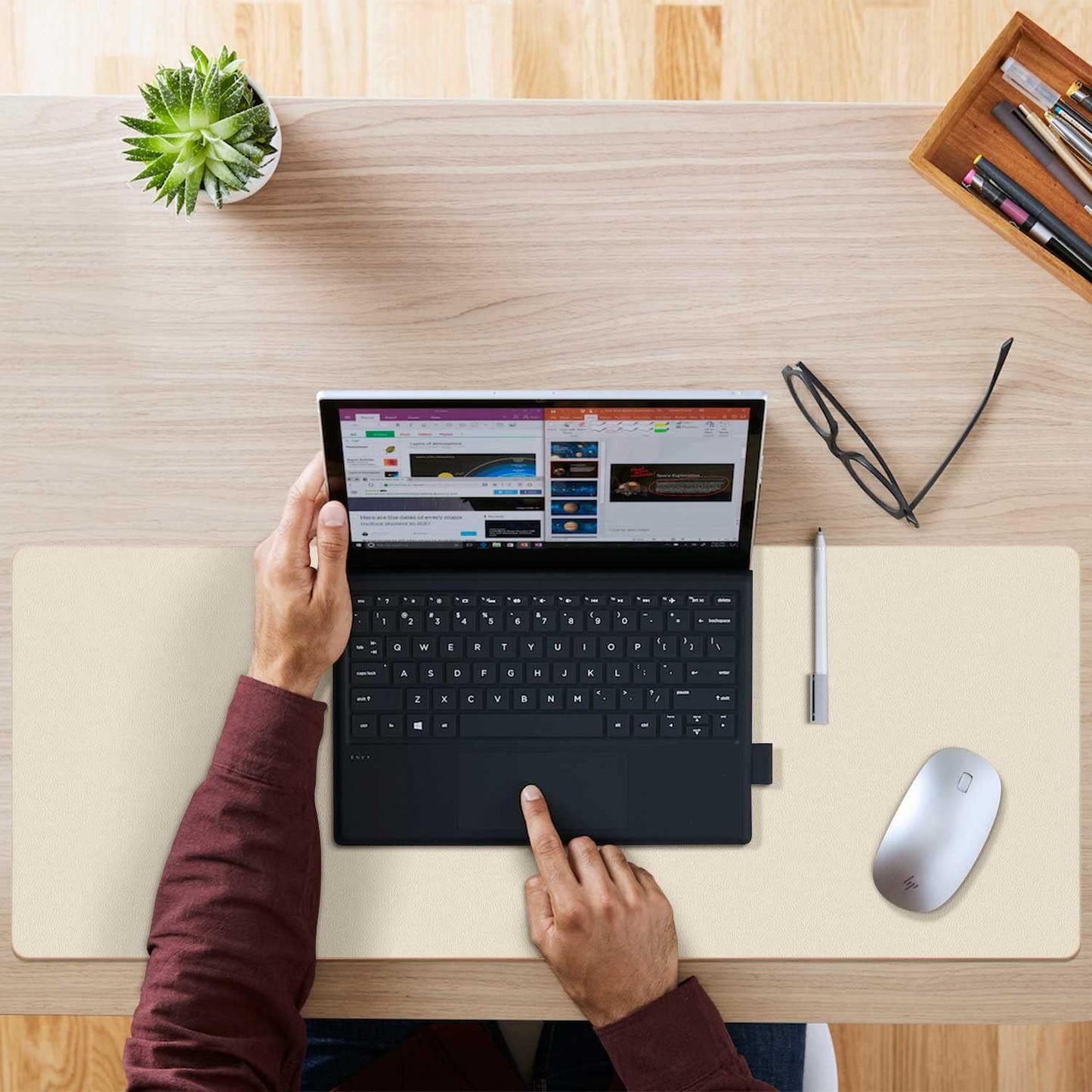 Aothia Double-Sided PU Leather Desk Pad - Non-Slip Large Mouse Pad & Desk Mat for Office, Home - Waterproof, Easy to Clean, Durable Dual-Sided Surface (23.6"x13.7", Beige)