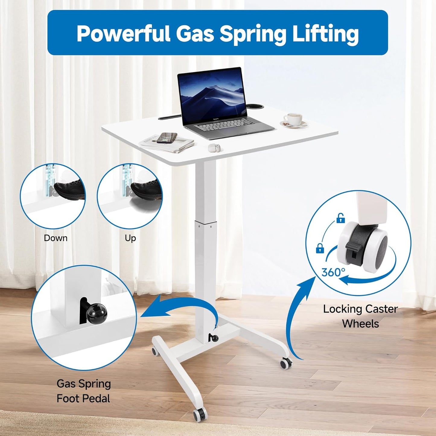 Rolling Laptop Desk Adjustable Height(29.5”- 43.7”)，Mobile Workstation Cart with 23.6" x 20.5"Desktop, Standing Desk Mobile Portable PC Table for Home,Office or Classroom in White
