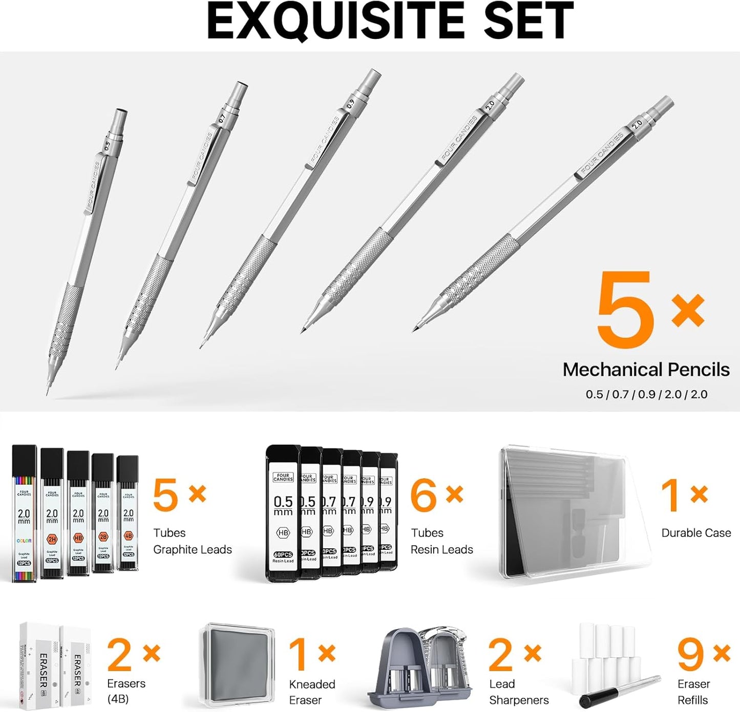 Four Candies Metal Mechanical Pencil Set, 3PCS Art Drafting Pencils 0.5, 0.7, 0.9MM & 2PCS 2MM Mechanical Drawing Pencils with 420PCS Leads (4B 2B HB 2H Color) for Writing Sketching Drawing (Silver)