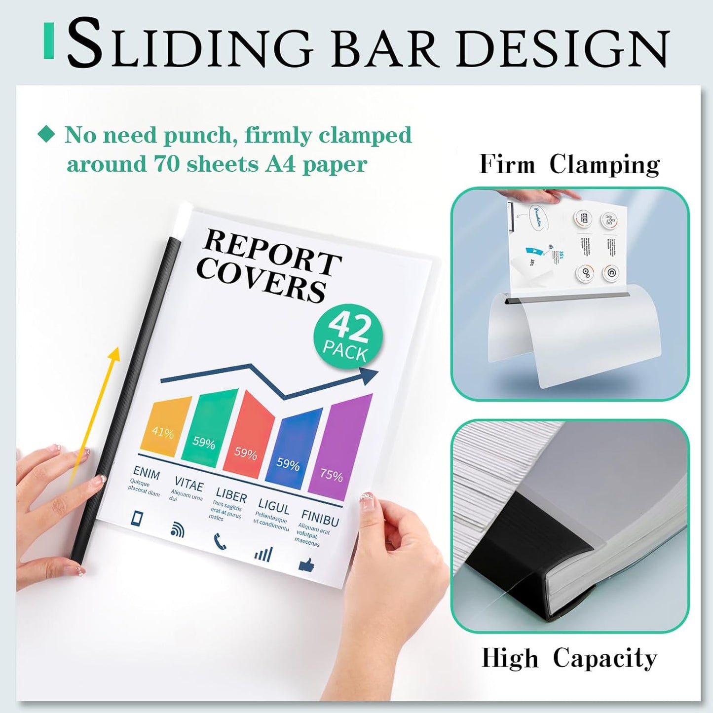 42 Pack Report Covers, COIDEA Report Covers with Sliding Bar, Presentation Folders for A4 and Letter Size Paper, Clear Report Covers Binder Bulk for School Business, 70 Sheet Capacity