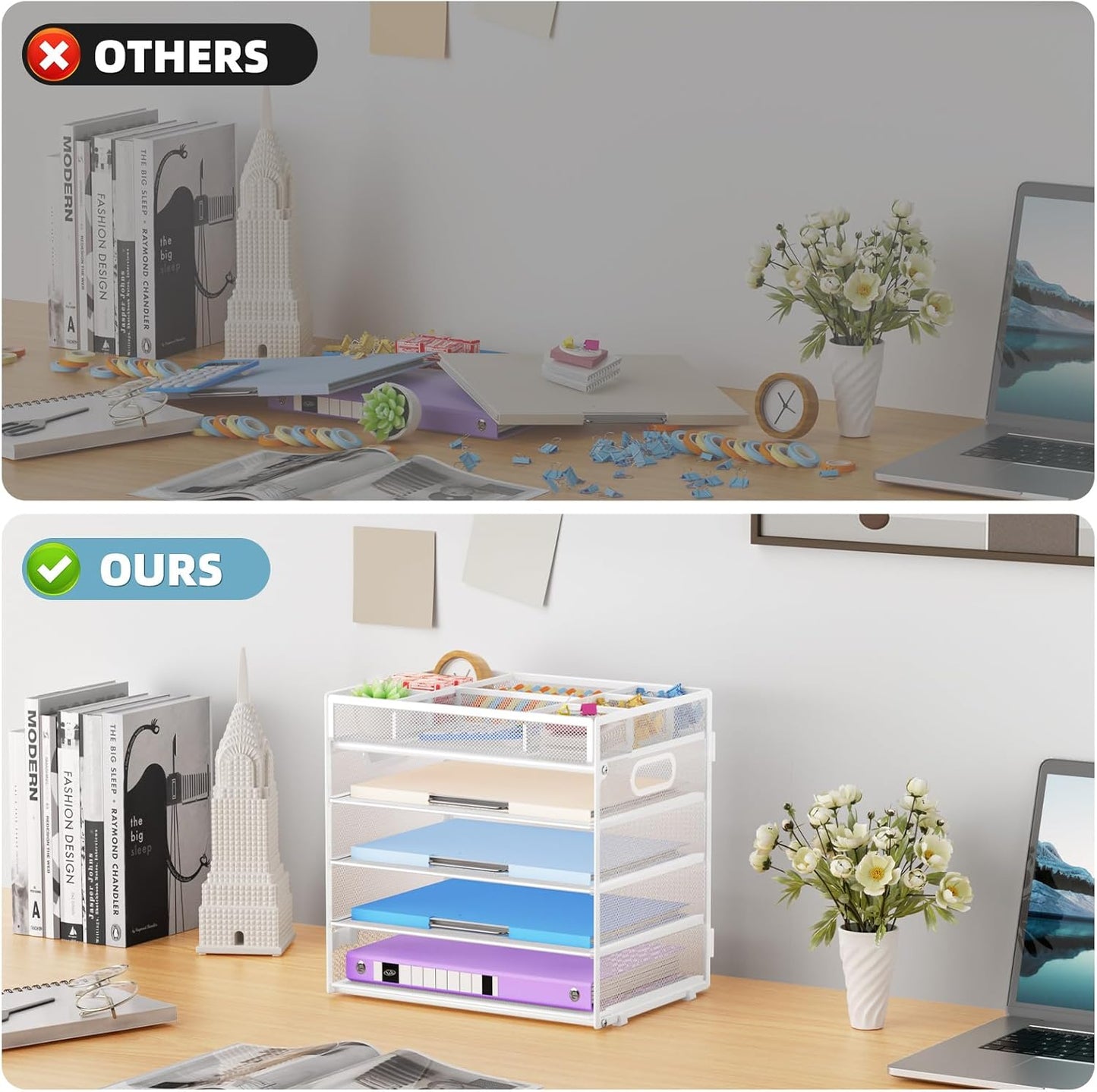 Marbrasse 5-Tier Letter Tray Paper Organizer with Handle, Multi-Functional Mesh File Organizer for Desk, Adjustable Compartments Mesh Desktop Storage for Office Supplies,White