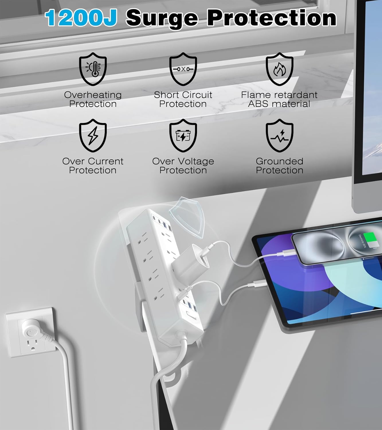 40W Fast Charging Station,Desk Clamp Power Strip,4 USB-C Ports & 8 AC Outlets,Desktop Edge Mount Surge Protector Power Strip,14AWG Heavy Duty Cord,Fit 1.9" Tabletop Edge for Home Office(6Ft Cable)