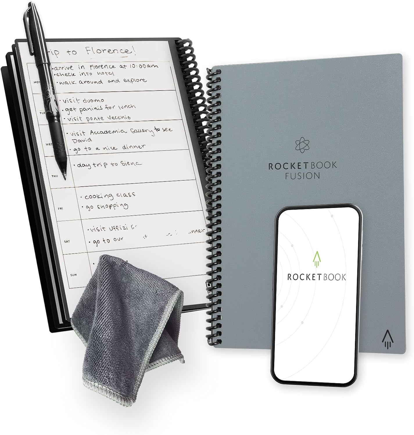 Rocketbook Fusion Reusable Undated Productivity Planner, Executive Size 6x8.8, Gray - Goals, Monthly and Weekly Calendar, Daily To-do List, Lined and Dotted Notes Pages