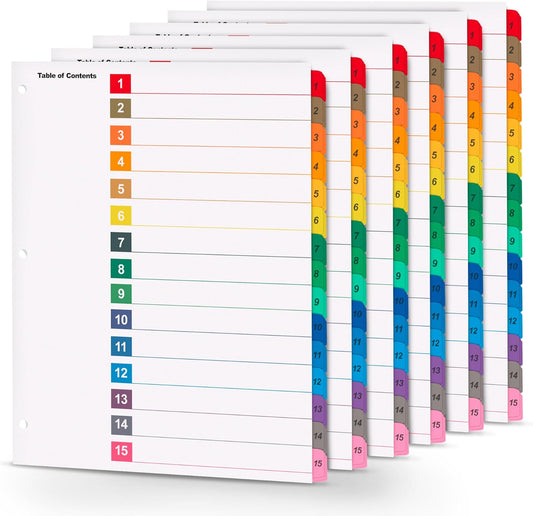 Tab Dividers for 3 Ring Binders – 6 Sets, 1–15 Numbered Index Dividers with Table of Contents – 8.5 x 11 in, 3-Hole Punched – Binder Dividers for School, Office, Filing, Organizing - 6 Pack