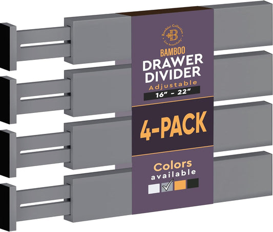 4 Pack Drawer Dividers Bamboo 2.6" High, 16-22" Adjustable Drawer Organizers for Clothes, Expandable Dresser Separators in Bedroom/Bathroom/Kitchen/Office Organization and Storage (Grey)
