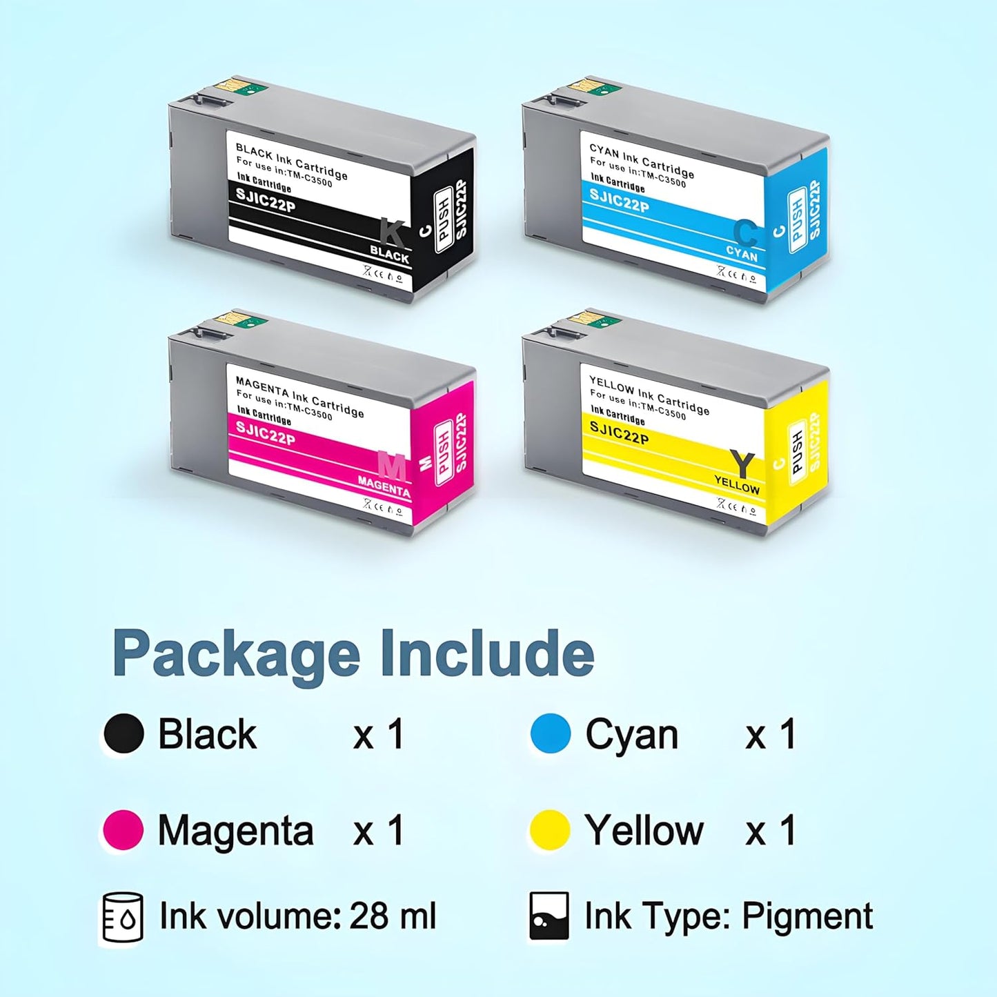 SJIC22P Pigment Ink Cartridge Kit Remanufactured Replacement for Colorworks TM-C3500 TM-C3510 TM-C3520 (C33S020577, C33S020581, C33S020582, C33S020583)