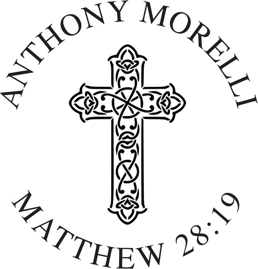 Personalized Bible Verse and Religious Cross Stamp or Book Embosser with Name in Classic Font. Wooden Stamp, Self Inking Stamp or Embosser (Cross Style #3)