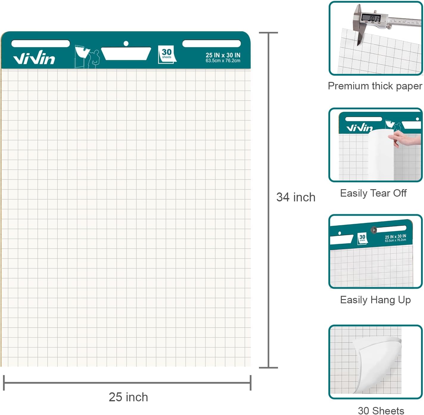 ViVin Gird Sticky Easel Pad, 25 x 30 Inches Flip Chart Paper for Teachers and Students, Large Self Stick Easel Paper for School & Office, 30 Sheets/Pad, 4 Pads/Pack