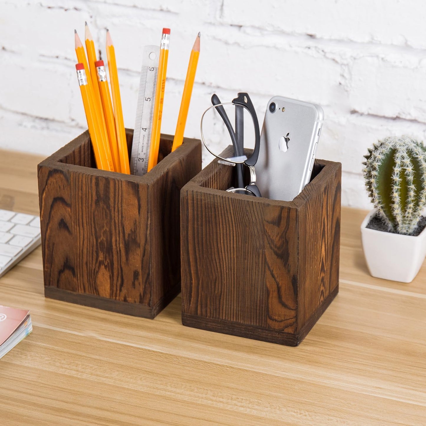 MyGift Set of 2 Natural Grain Wood Desktop Pen Holder Pencil Holder Cup, Office Dorm Home Desk Supplies Organizer