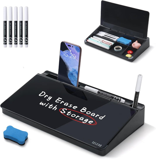 SELEAD Desktop Glass Whiteboard with Storage, Small Dry Erase White Board Computer Pad Keyboard Stand for Home, School, Office Desk Accessories - Black
