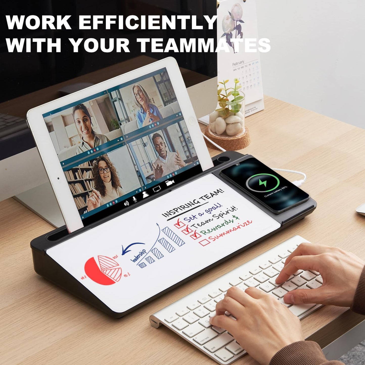 Small Glass Desktop Whiteboard Dry-Erase-Board - Computer Keyboard Stand with Wireless Charger White Board Surface Pad with Drawer, Desk Organizers with Accessories for Office, Home, School Supplies